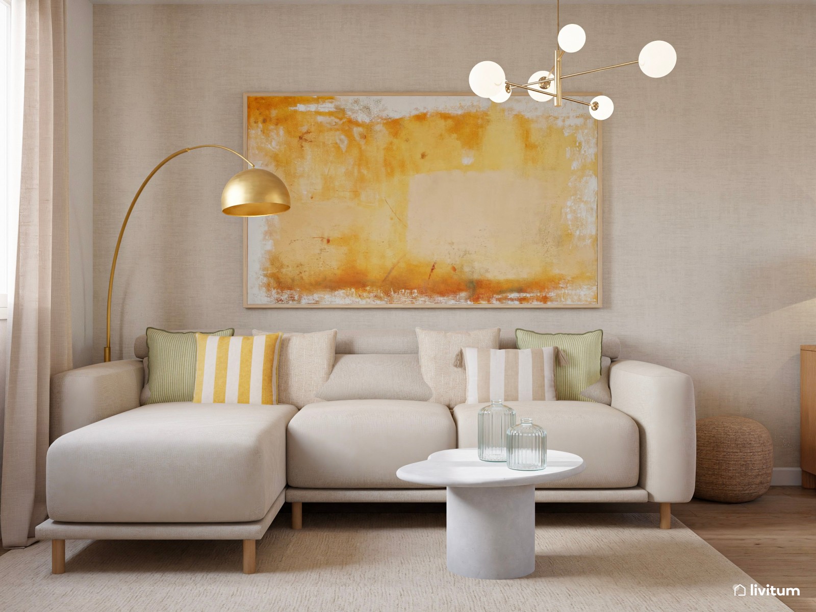 Salón moderno pequeño en blanco roto y amarillo cálido