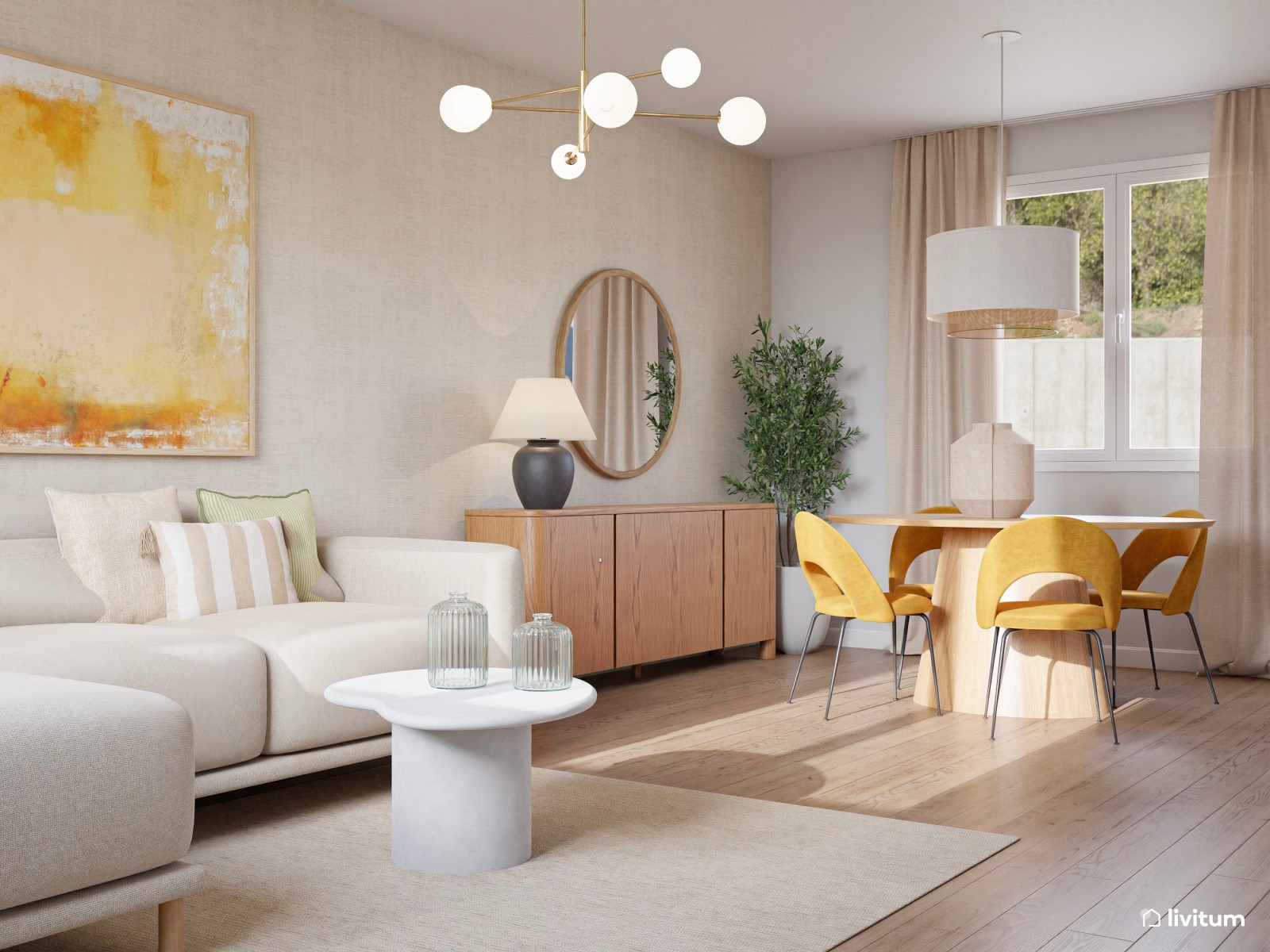Salón moderno pequeño en blanco roto y amarillo cálido