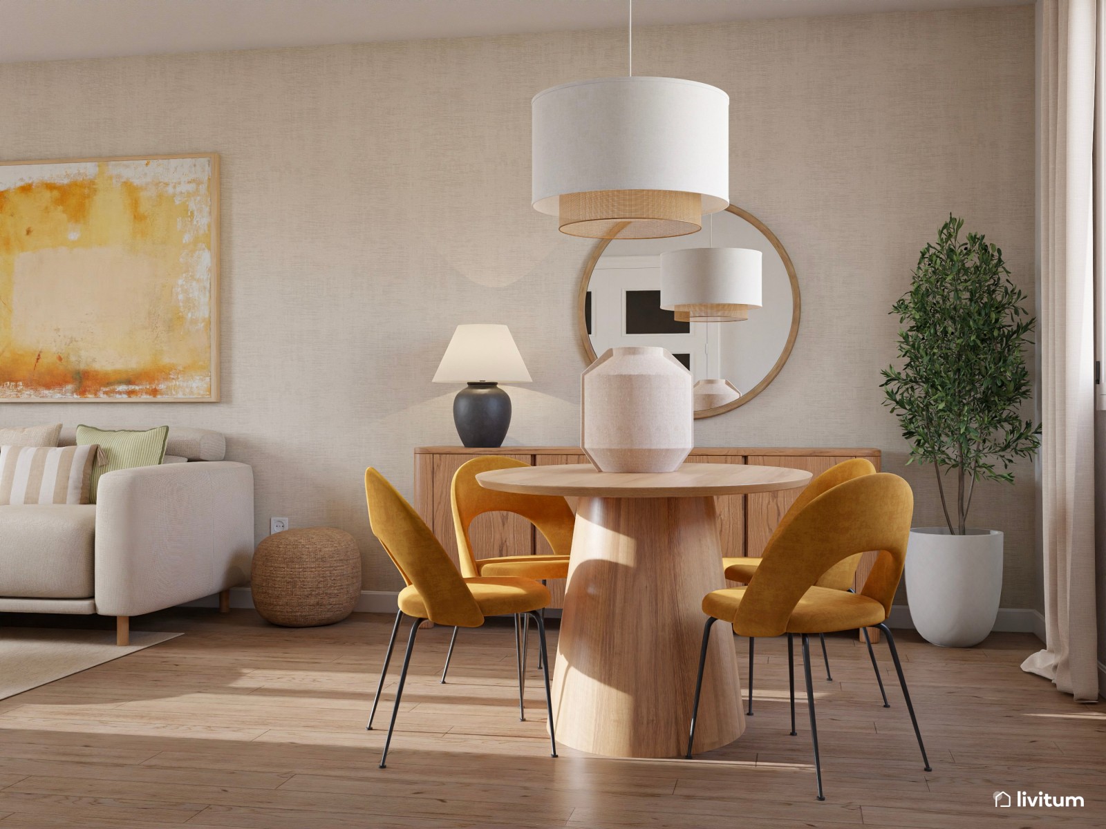 Salón moderno pequeño en blanco roto y amarillo cálido