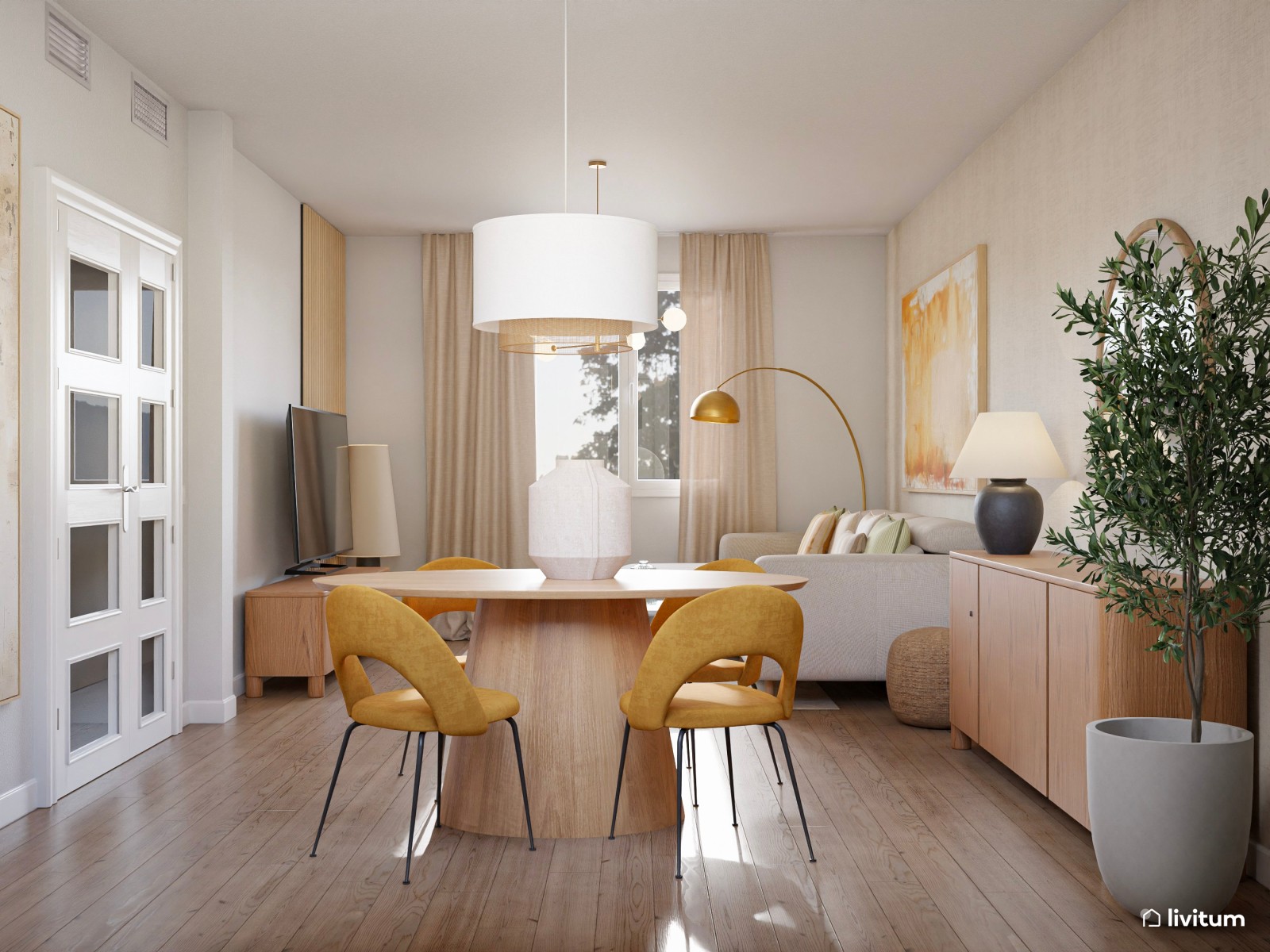 Salón moderno pequeño en blanco roto y amarillo cálido