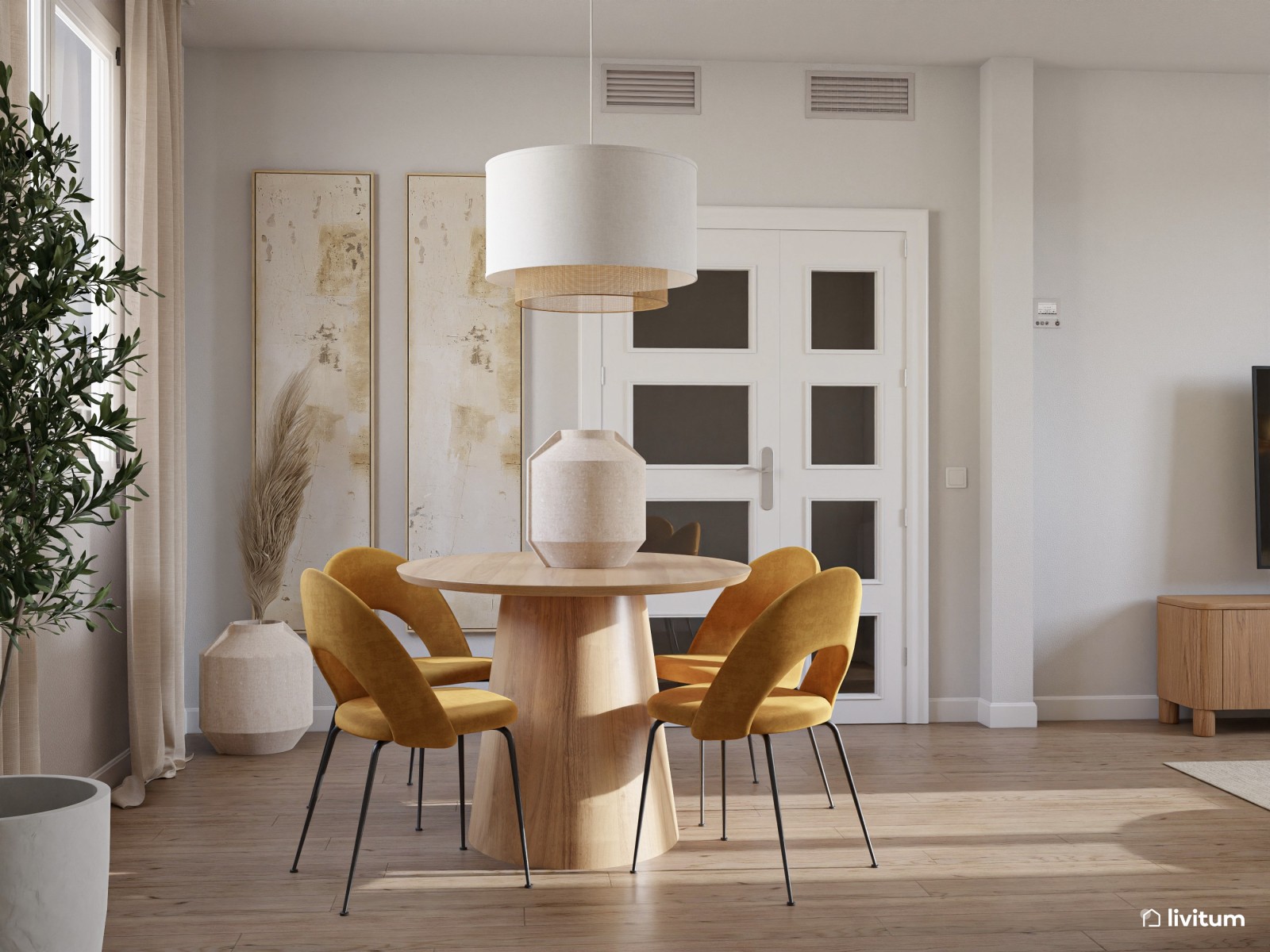 Salón moderno pequeño en blanco roto y amarillo cálido