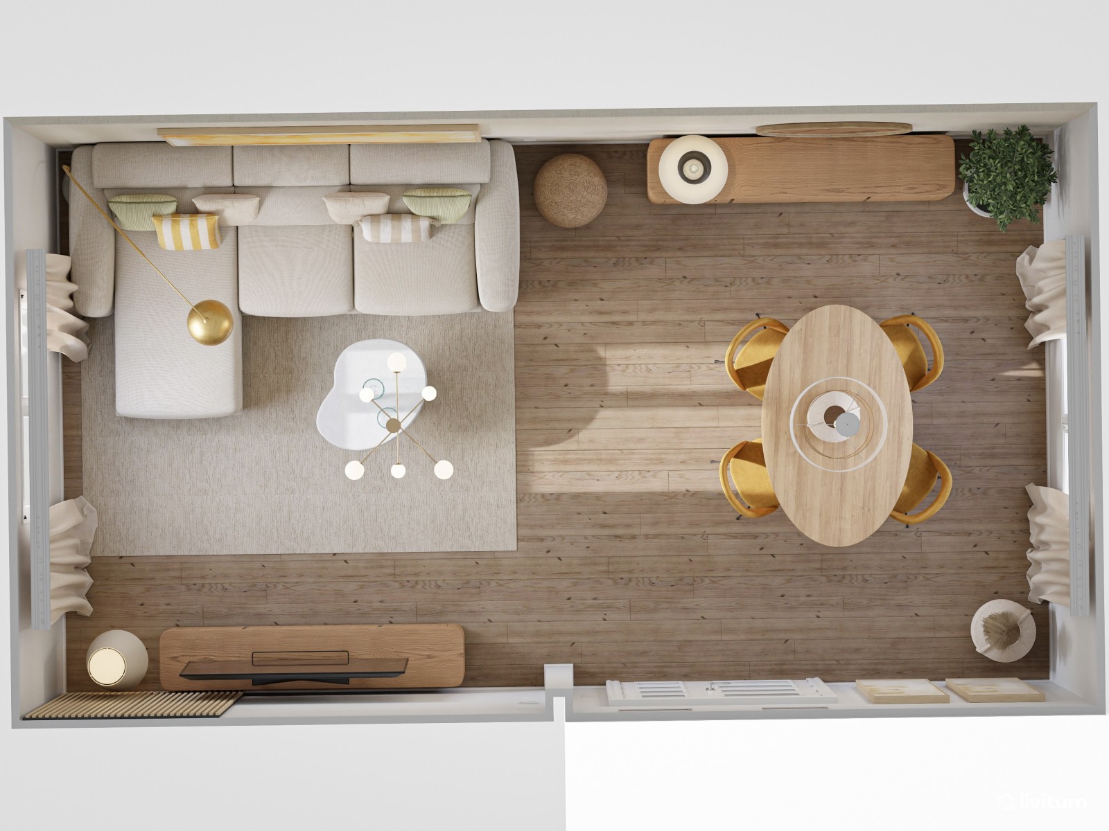 Salón moderno pequeño en blanco roto y amarillo cálido