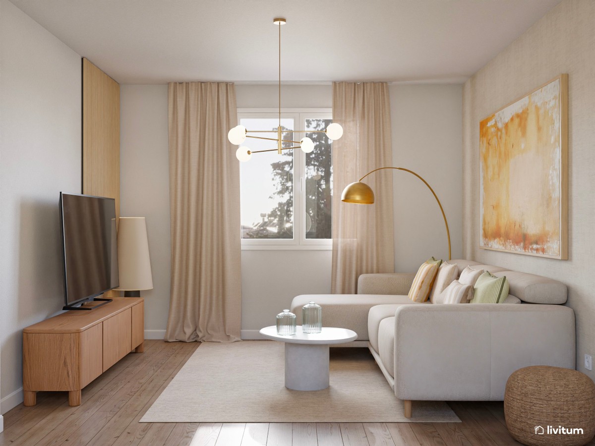 Salón moderno pequeño en blanco roto y amarillo cálido