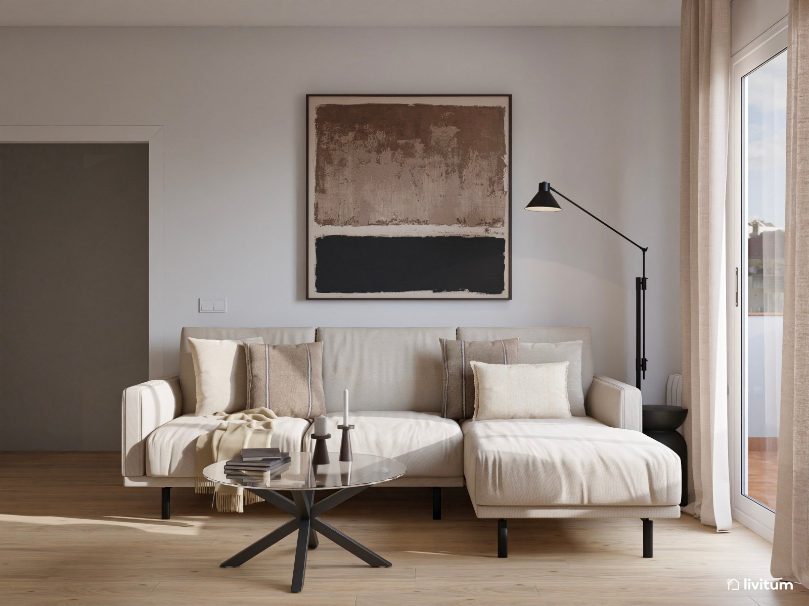 Salón moderno rectangular con un punto orgánico y cálido