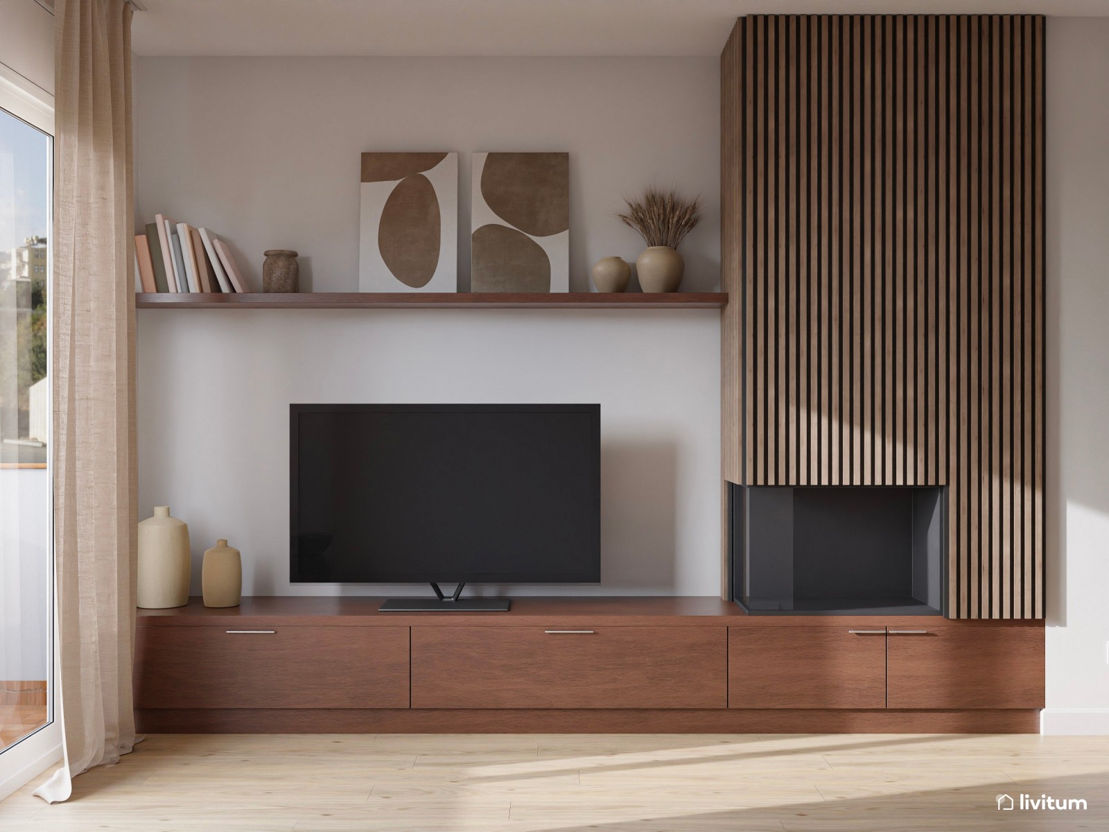 Salón moderno rectangular con un punto orgánico y cálido