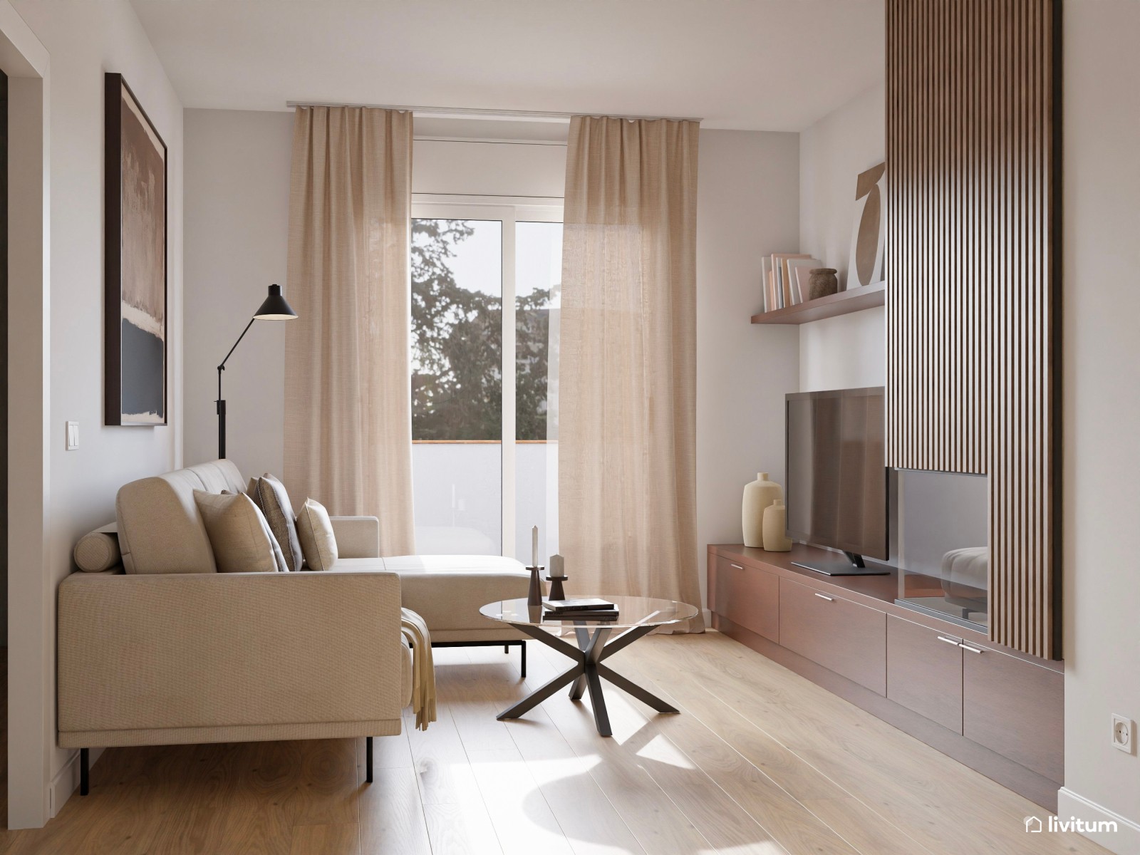 Salón moderno rectangular con un punto orgánico y cálido