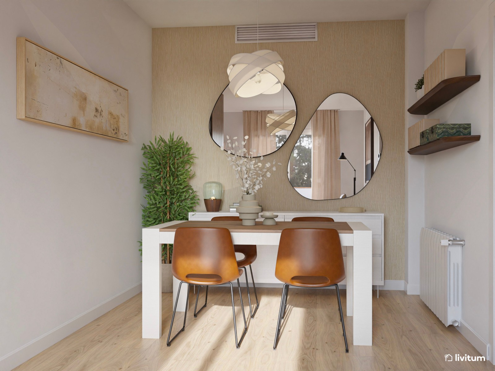 Salón moderno rectangular con un punto orgánico y cálido