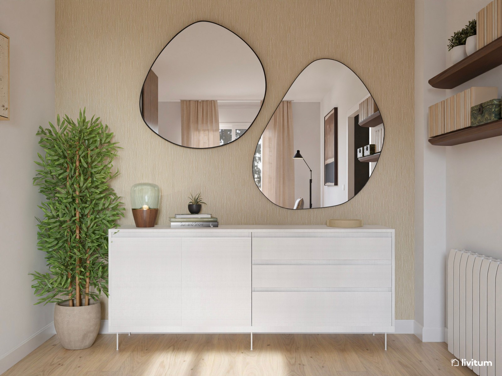 Salón moderno rectangular con un punto orgánico y cálido