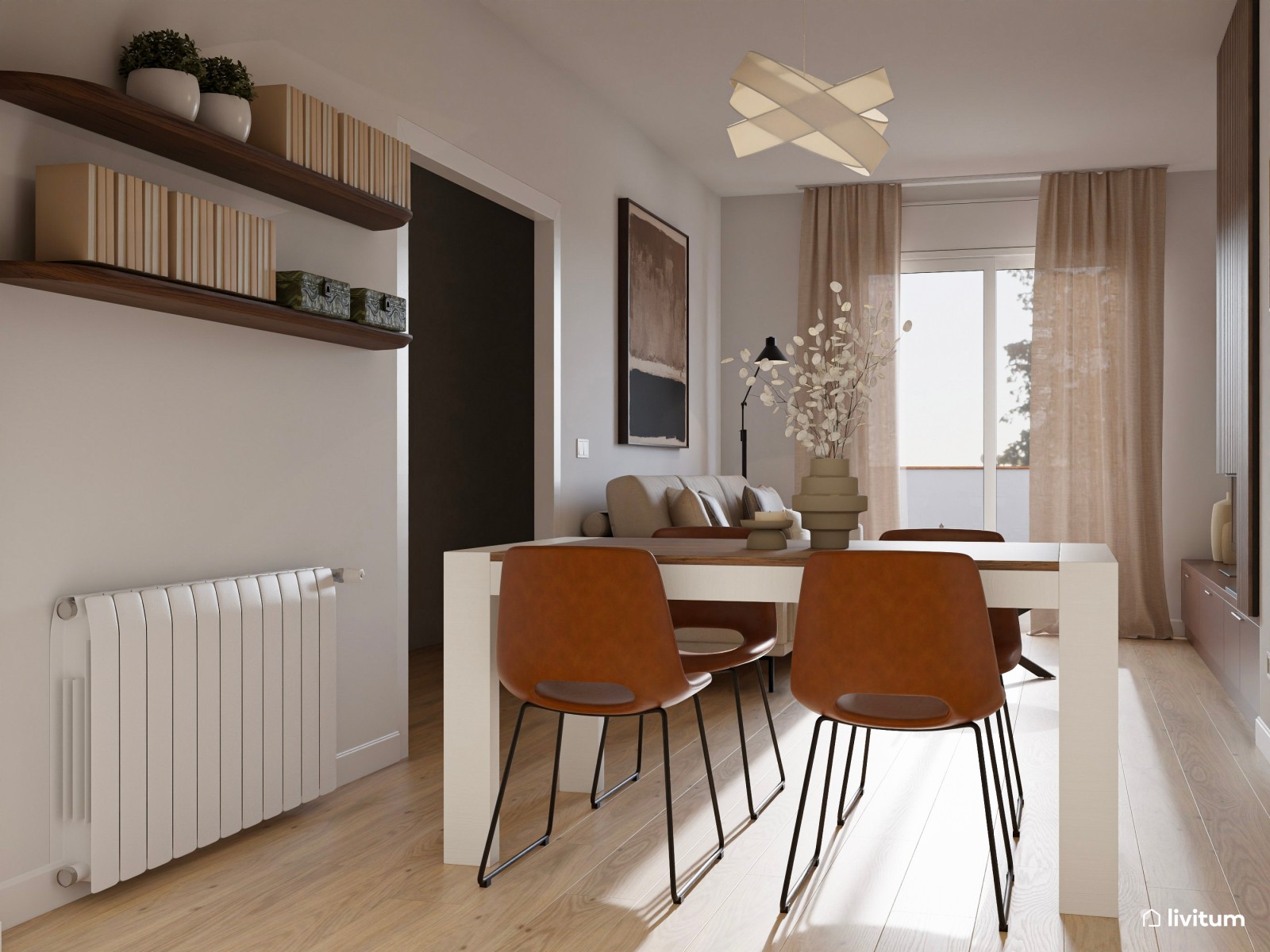 Salón moderno rectangular con un punto orgánico y cálido