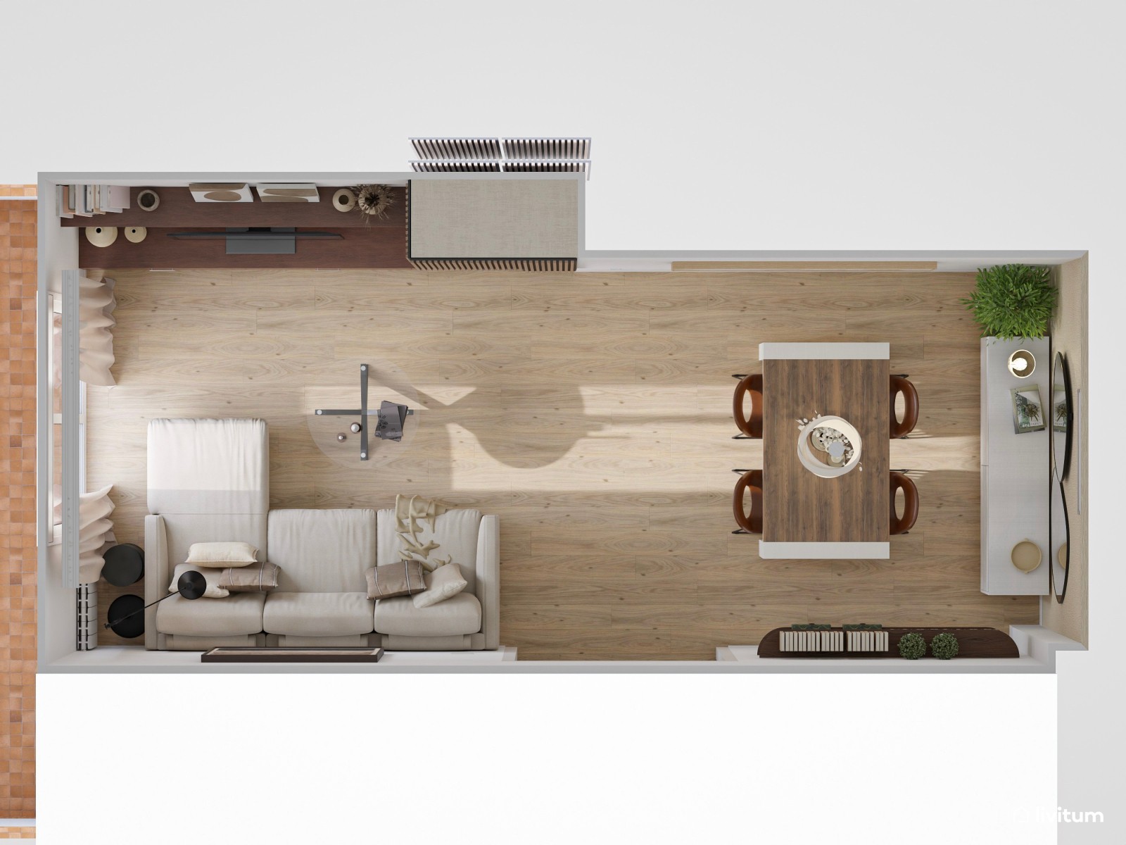 Salón moderno rectangular con un punto orgánico y cálido