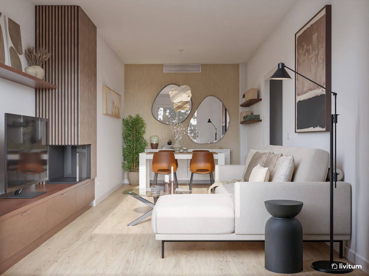 Salón moderno rectangular con un punto orgánico y cálido