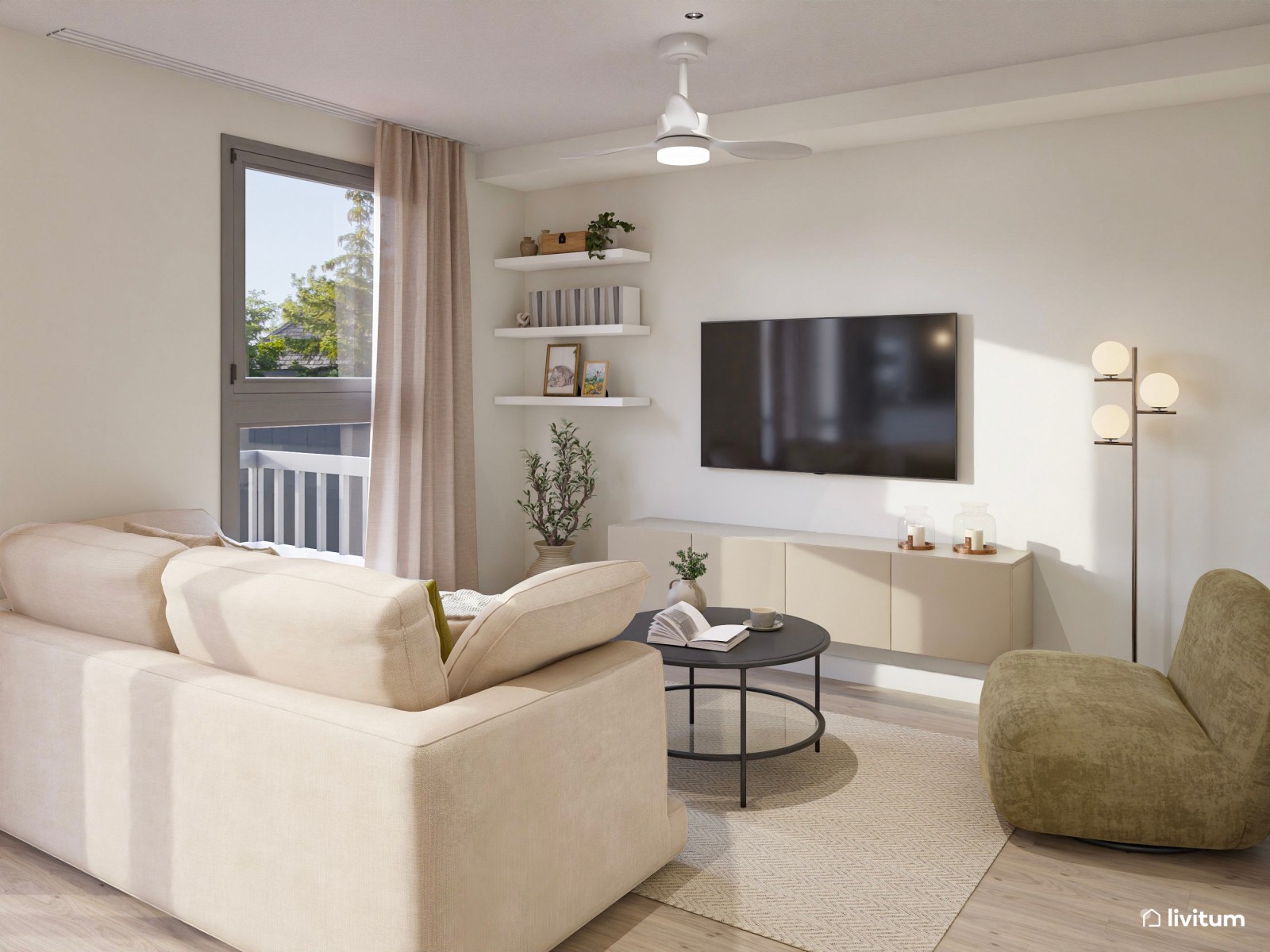 Salón moderno y abierto con mobiliario claro y tapizados elegantes