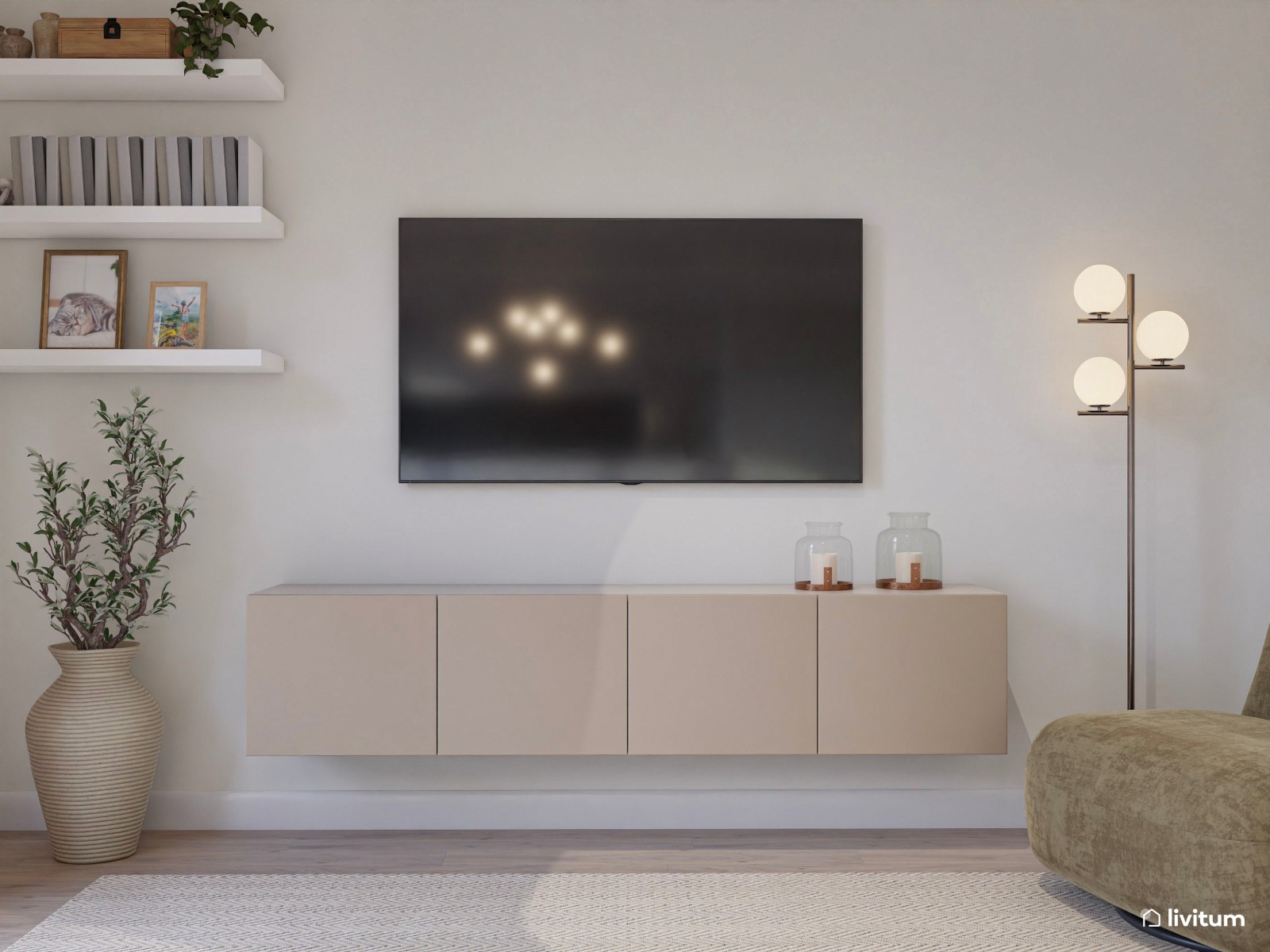 Salón moderno y abierto con mobiliario claro y tapizados elegantes