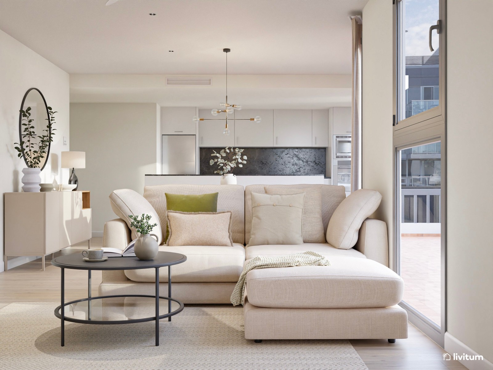 Salón moderno y abierto con mobiliario claro y tapizados elegantes