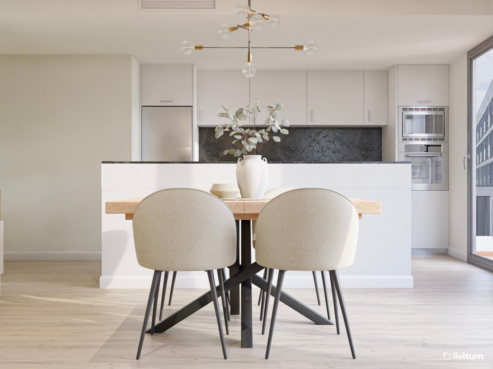Salón moderno y abierto con mobiliario claro y tapizados elegantes