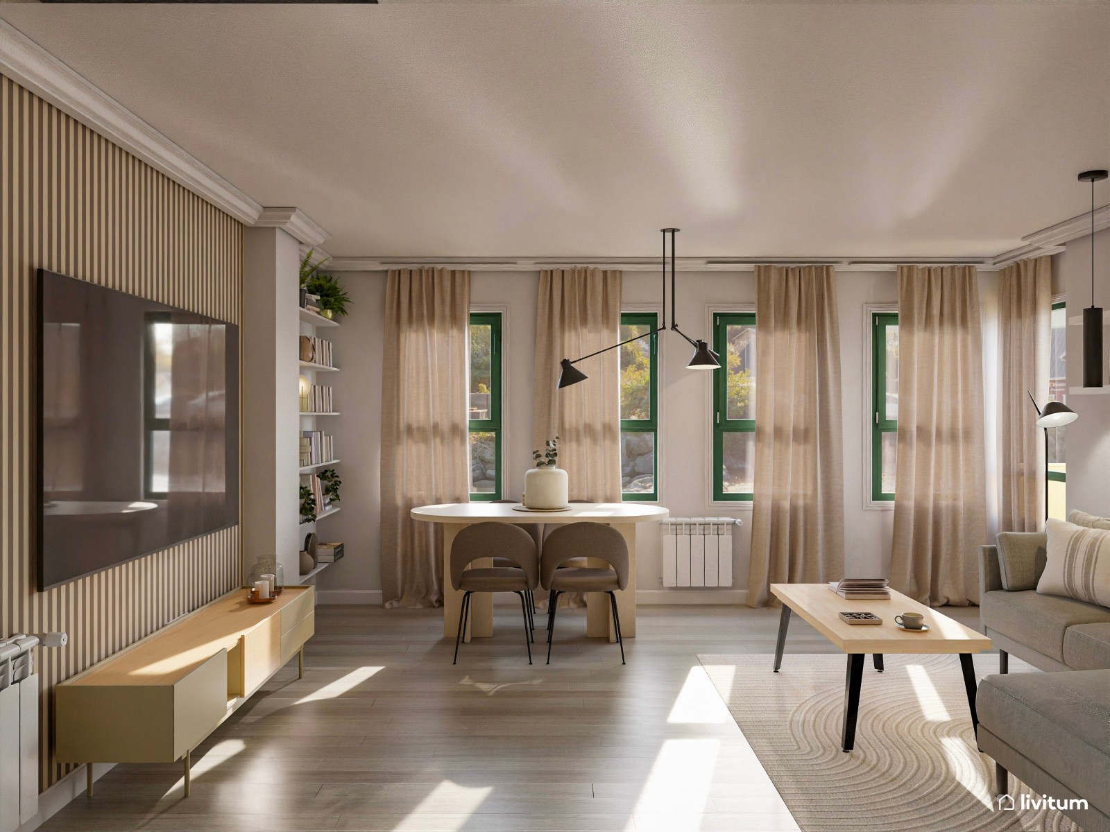 Salón moderno y amplio diseñado con líneas rectas y una mesa ovalada 