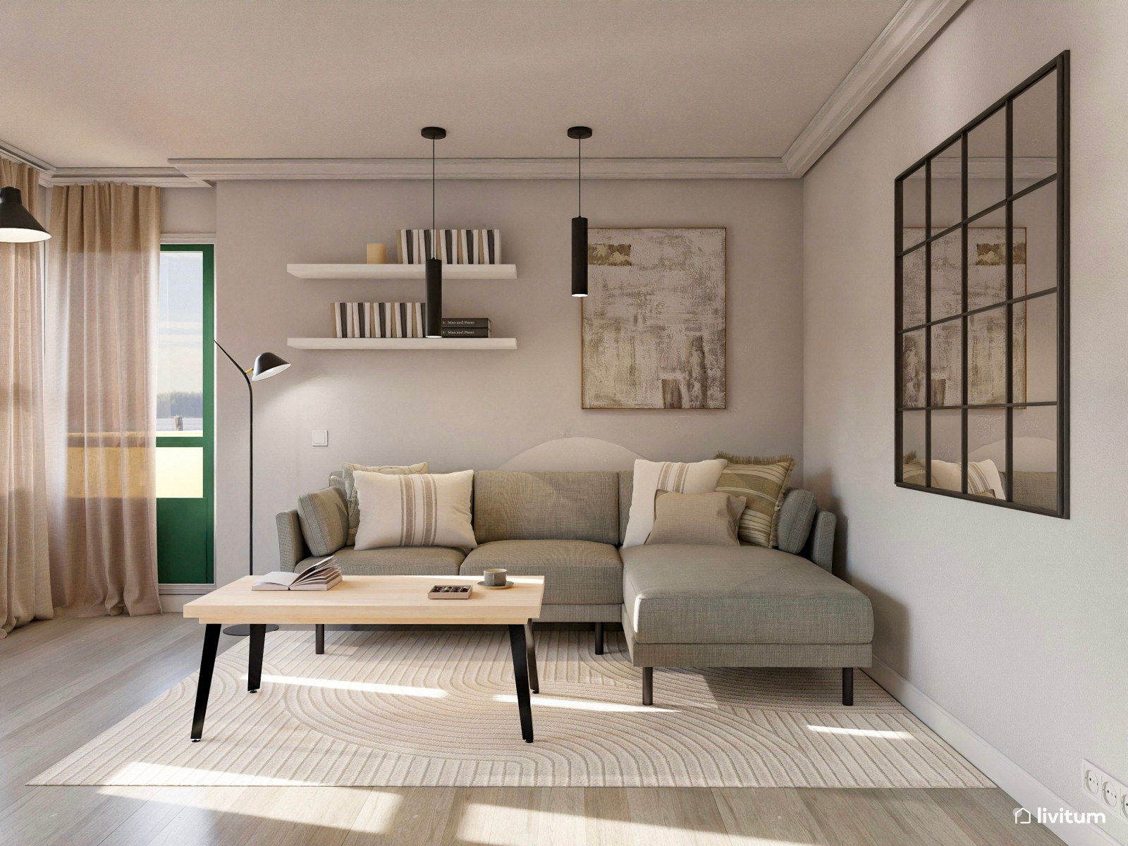 Salón moderno y amplio diseñado con líneas rectas y una mesa ovalada 