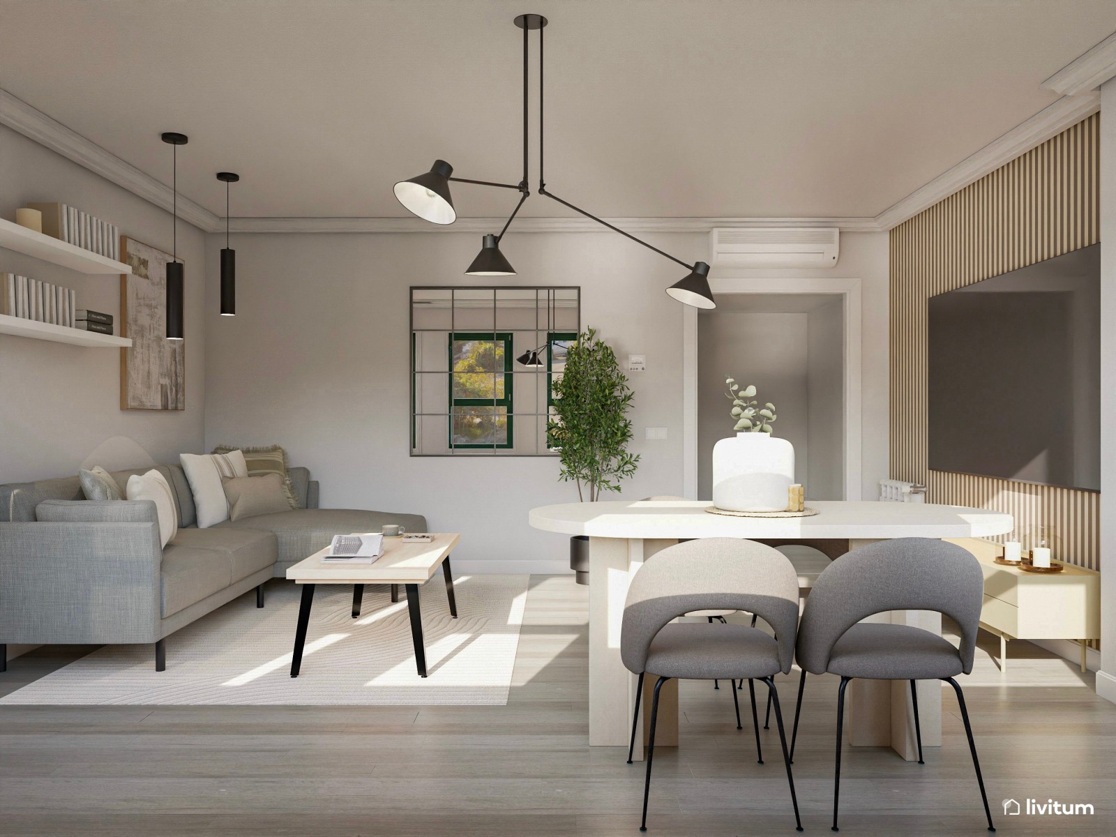 Salón moderno y amplio diseñado con líneas rectas y una mesa ovalada 