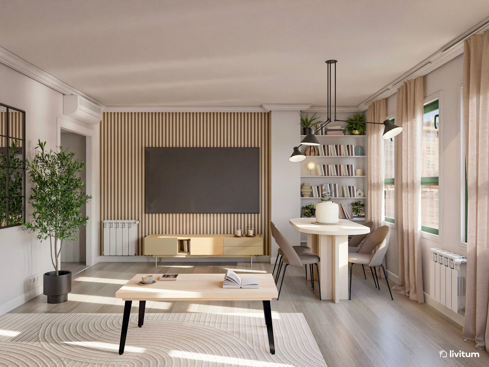 Salón moderno y amplio diseñado con líneas rectas y una mesa ovalada 