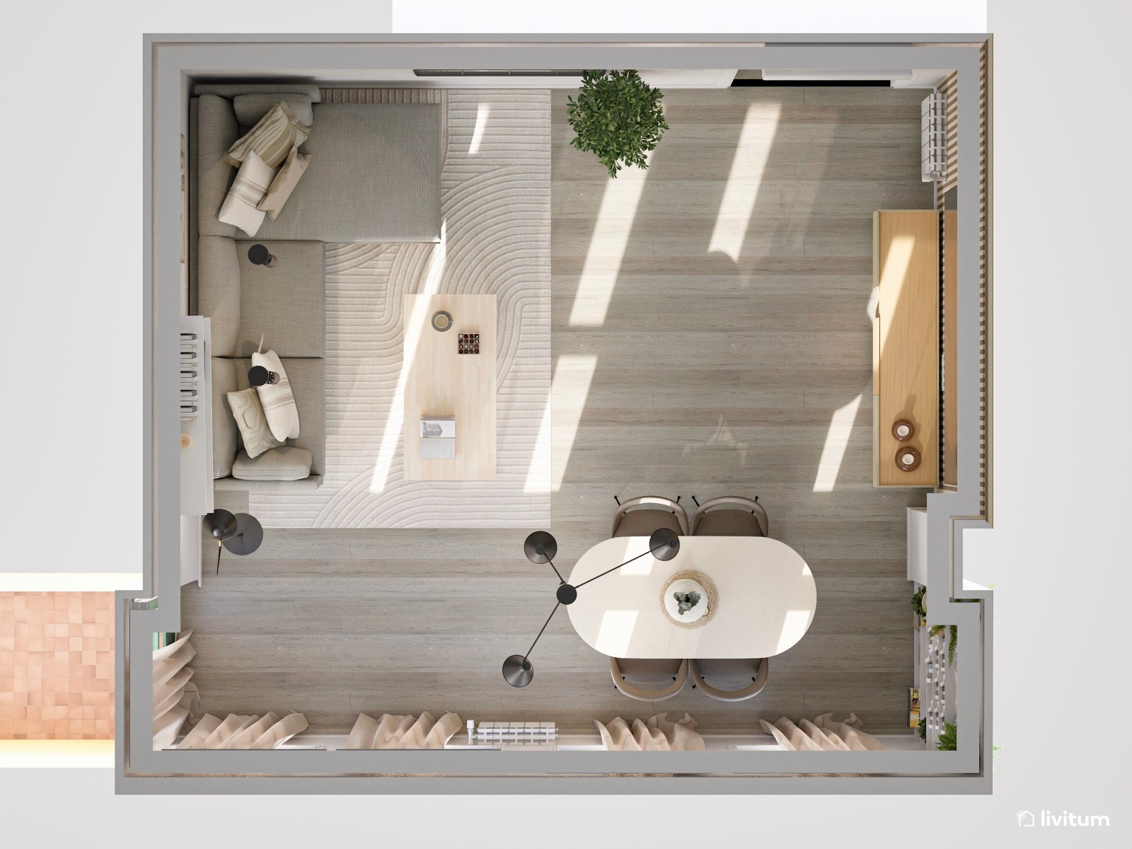 Salón moderno y amplio diseñado con líneas rectas y una mesa ovalada 