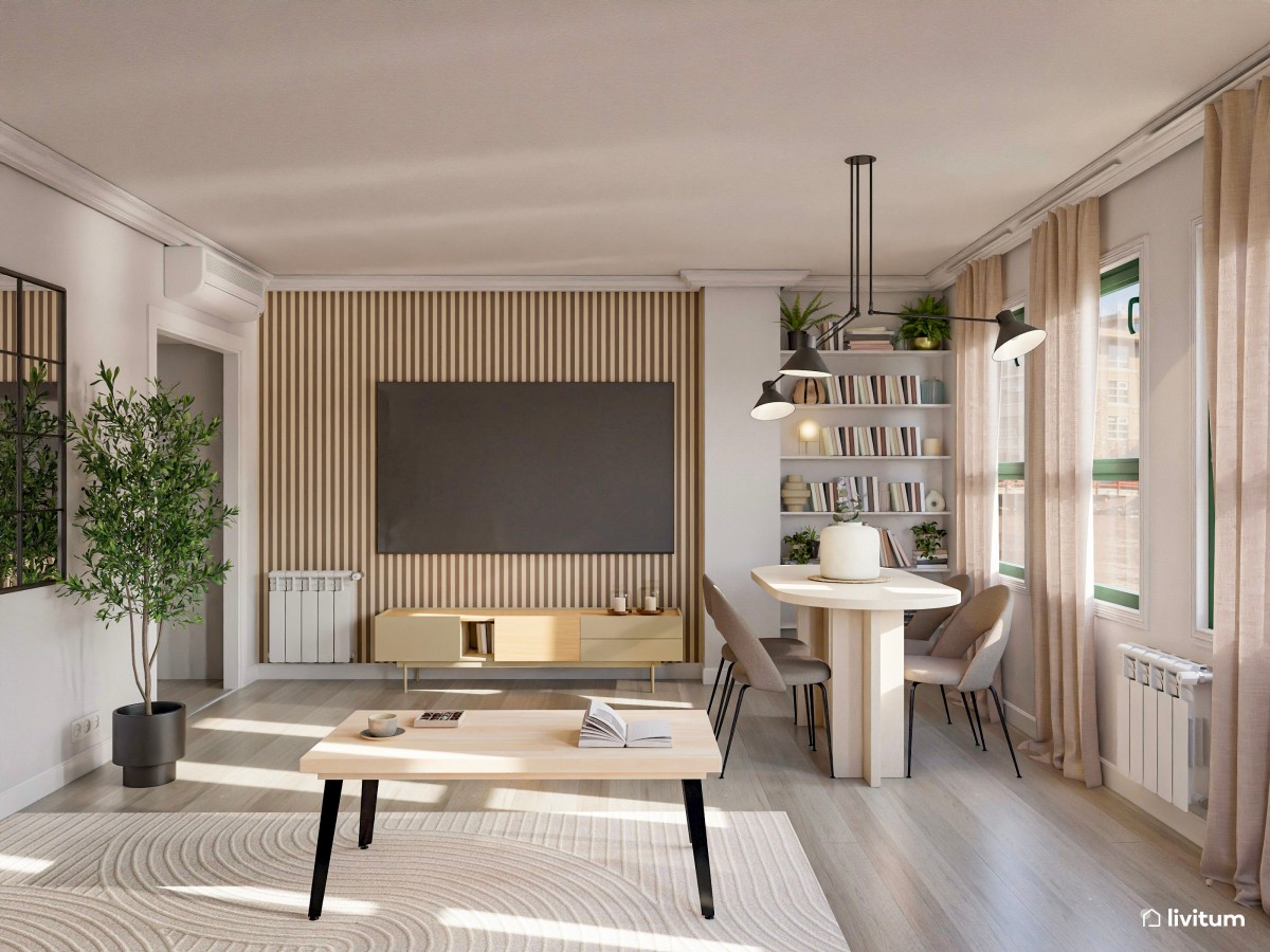 Salón moderno y amplio diseñado con líneas rectas y una mesa ovalada