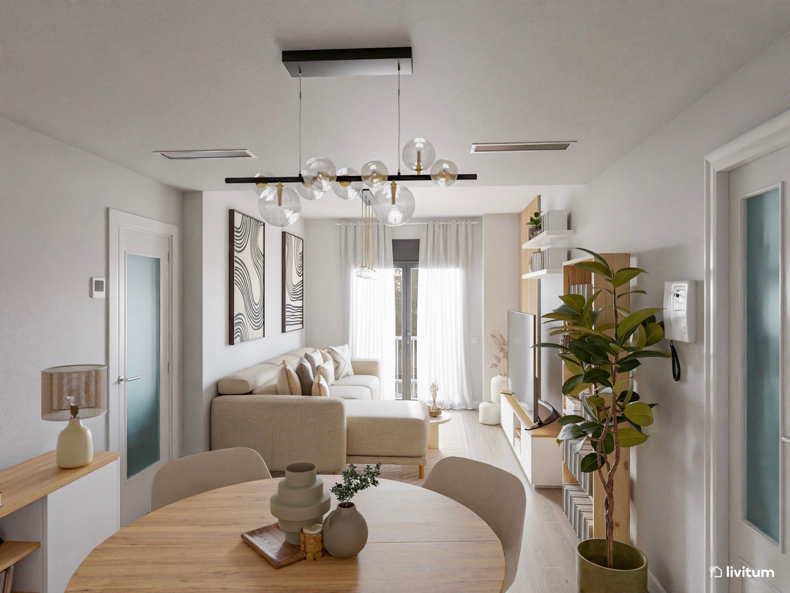 Salón moderno y cálido en planta rectangular alargada