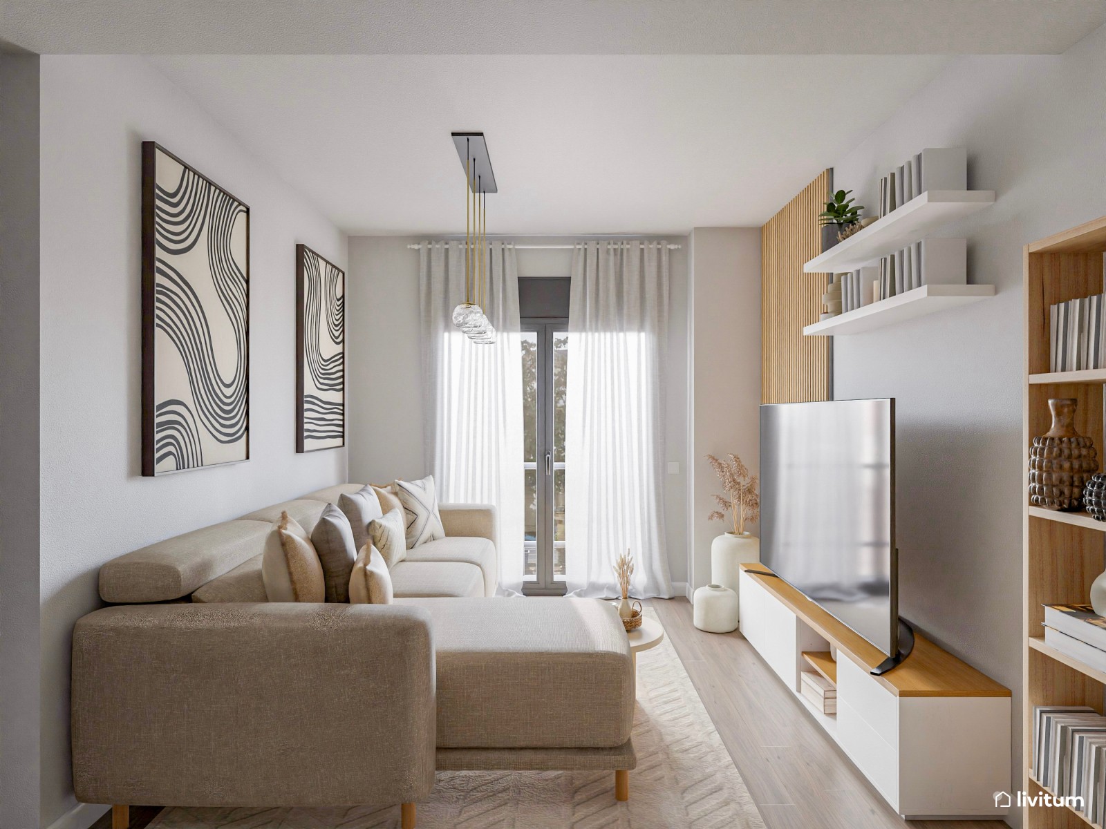Salón moderno y cálido en planta rectangular alargada