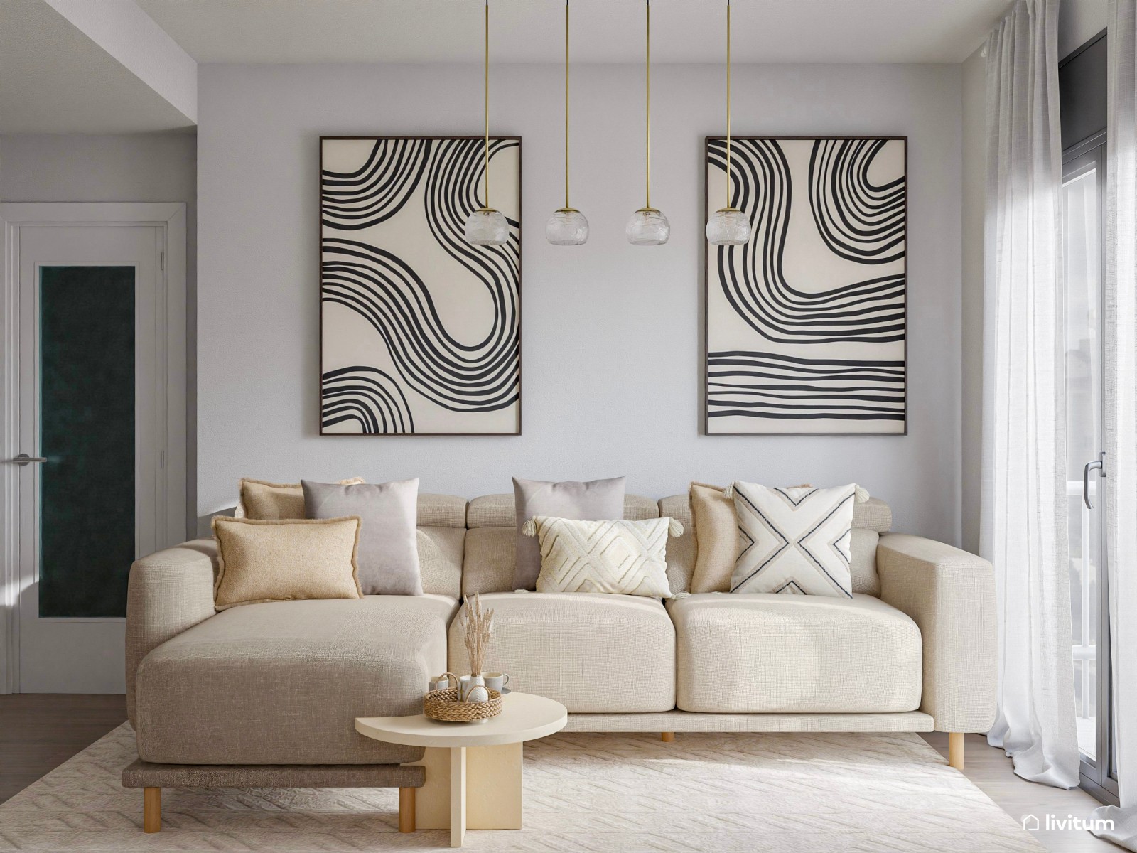 Salón moderno y cálido en planta rectangular alargada
