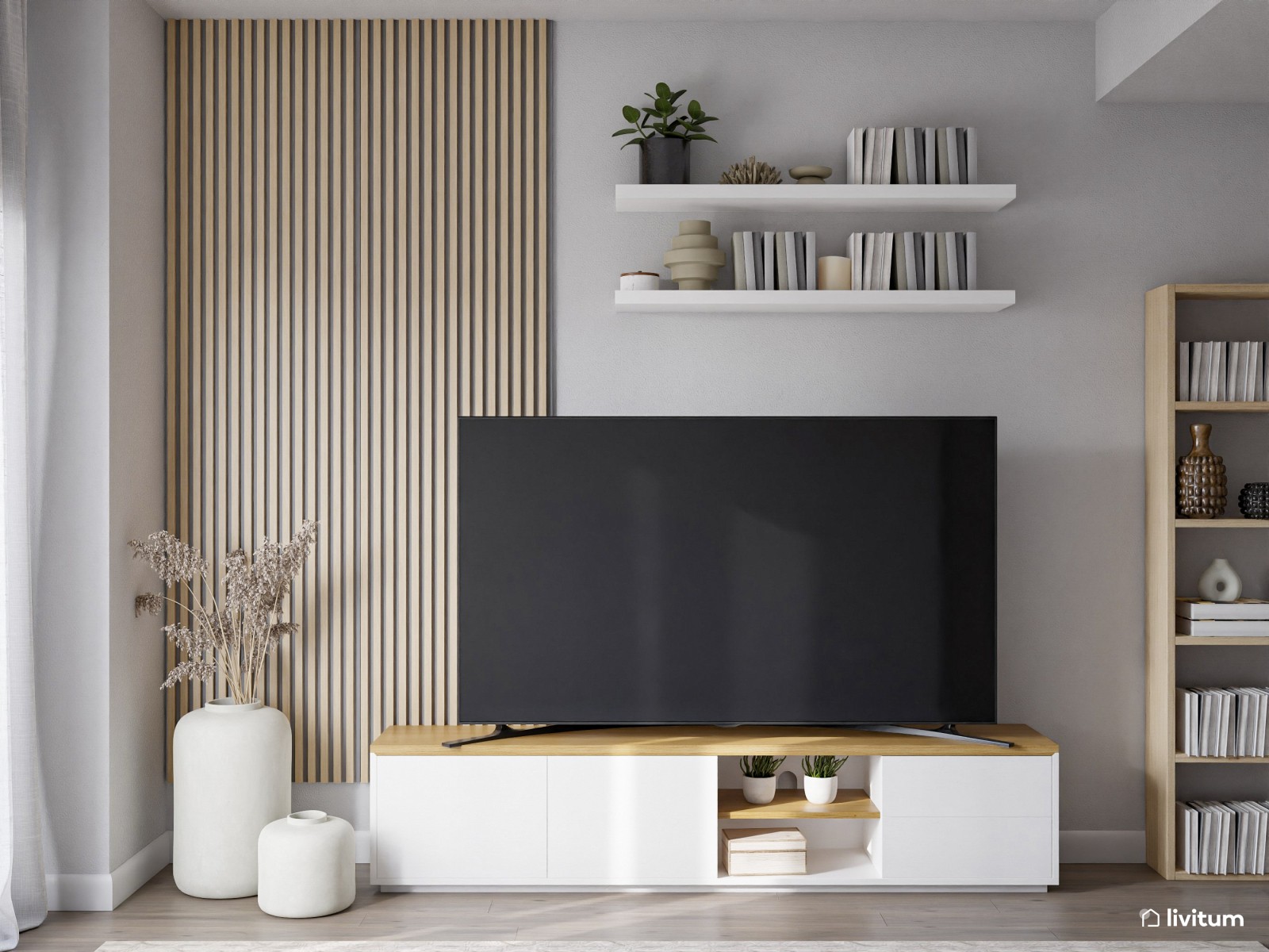 Salón moderno y cálido en planta rectangular alargada