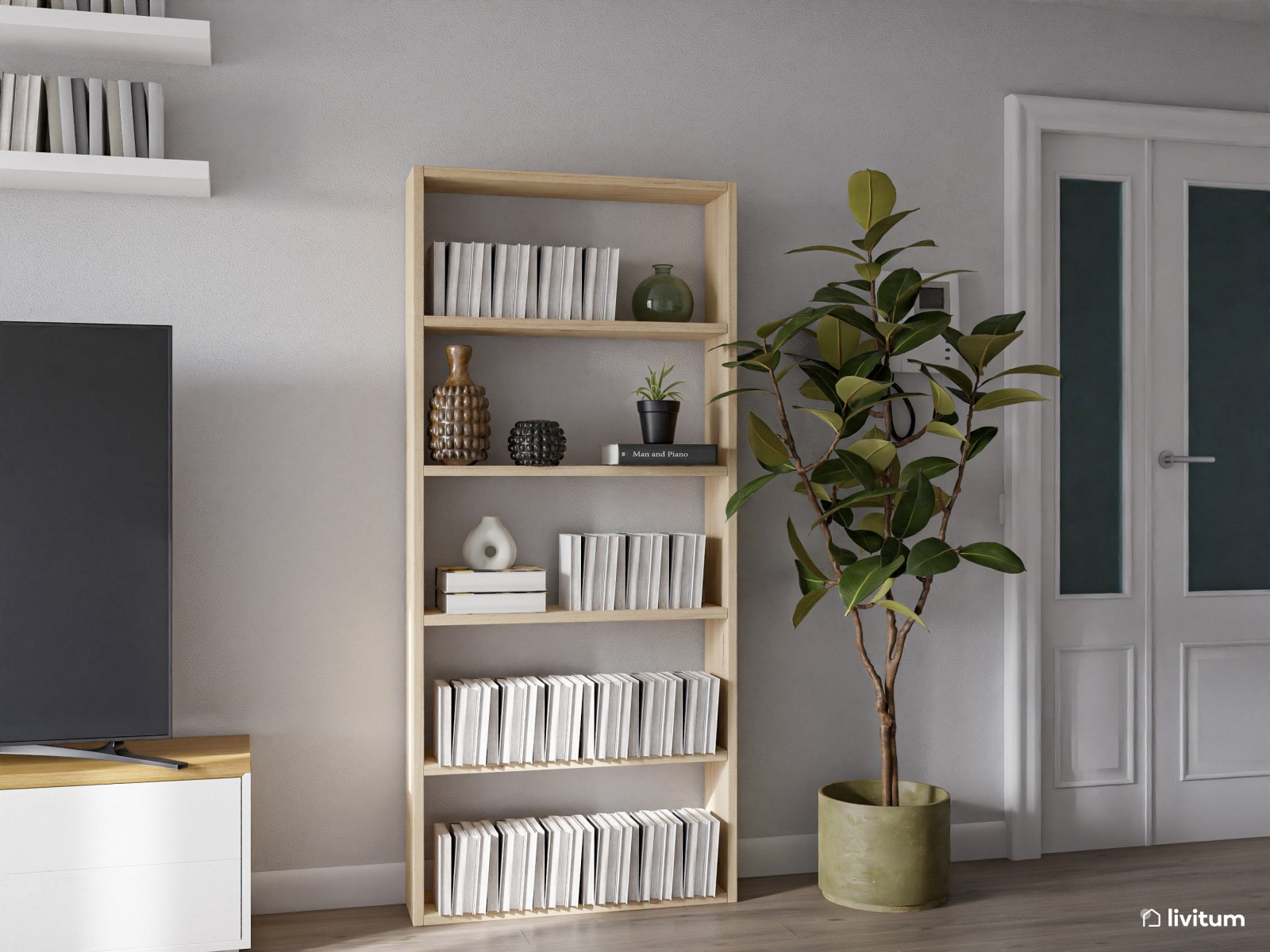Salón moderno y cálido en planta rectangular alargada