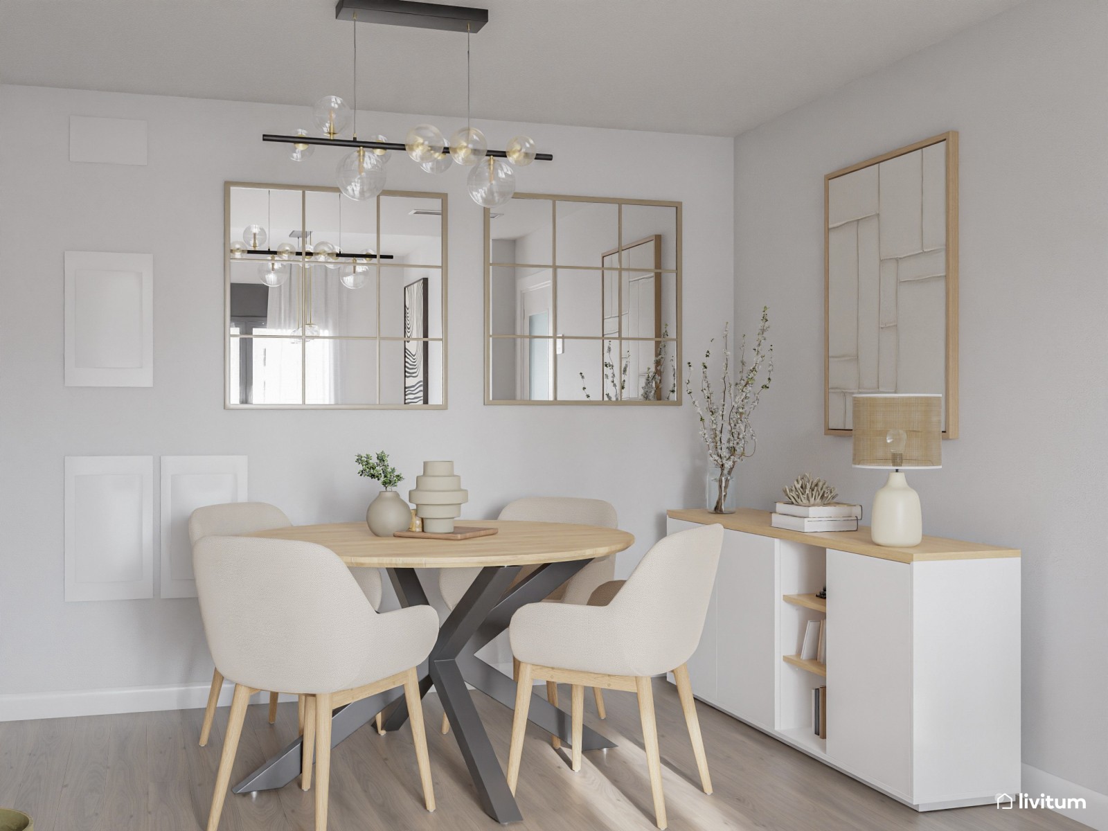 Salón moderno y cálido en planta rectangular alargada