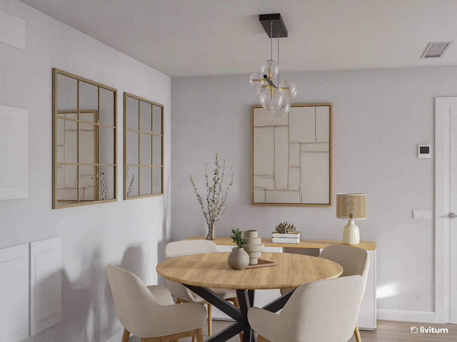 Salón moderno y cálido en planta rectangular alargada