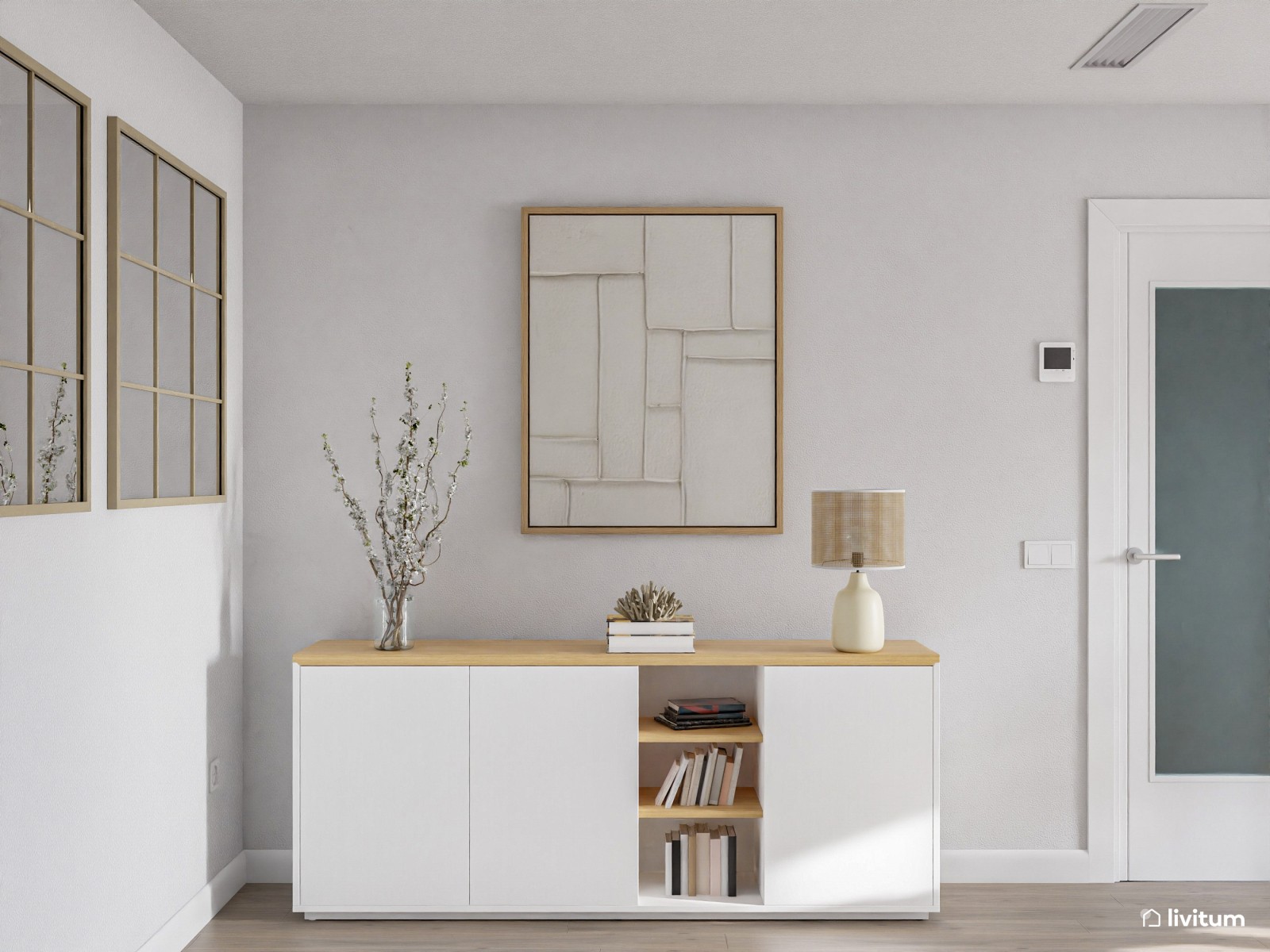 Salón moderno y cálido en planta rectangular alargada