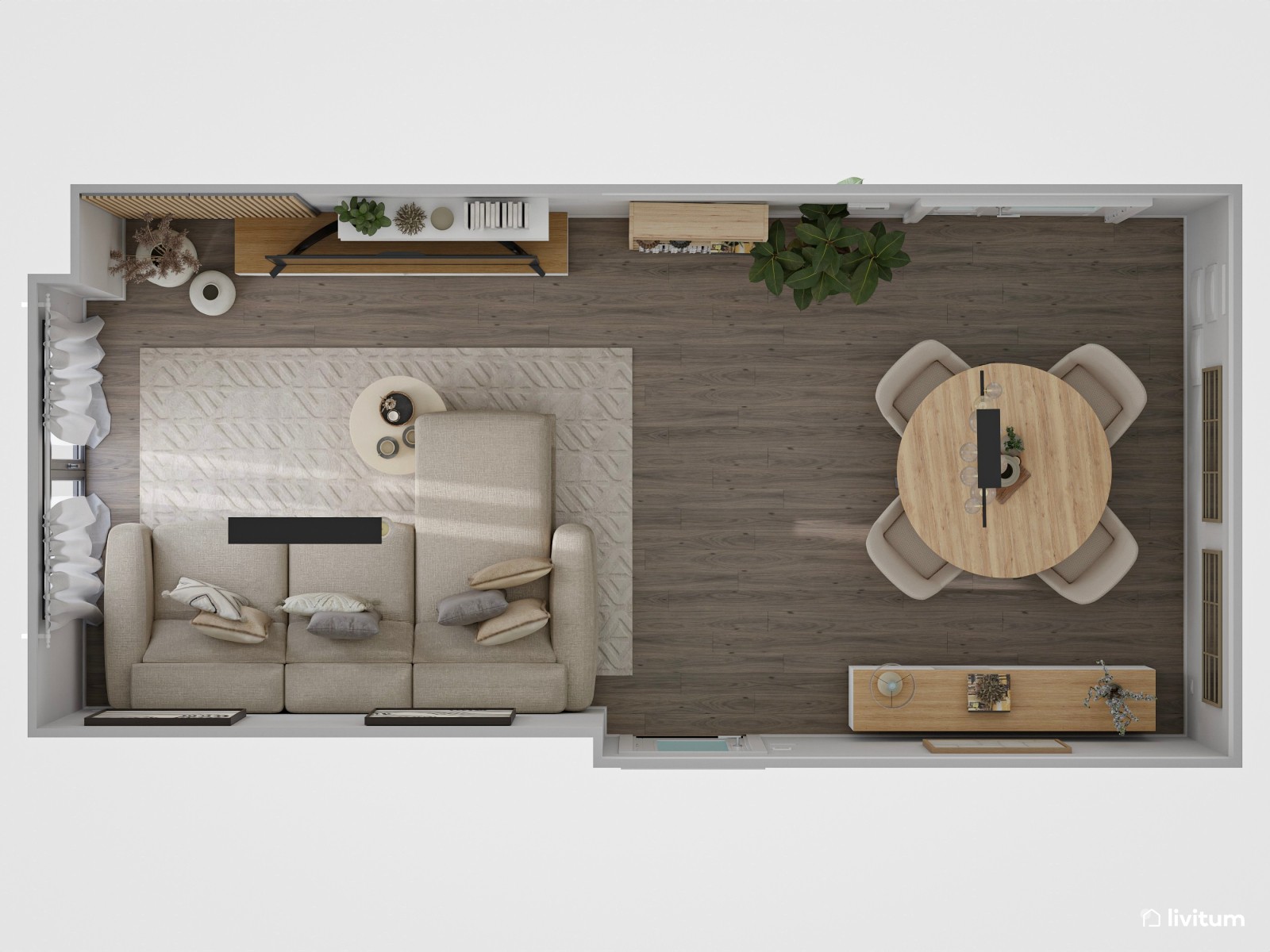Salón moderno y cálido en planta rectangular alargada