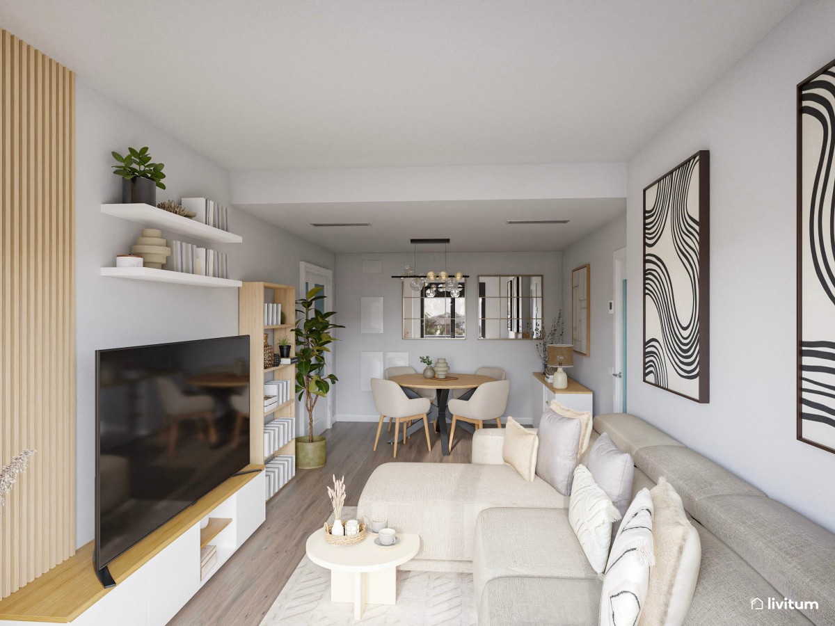 Salón moderno y cálido en planta rectangular alargada