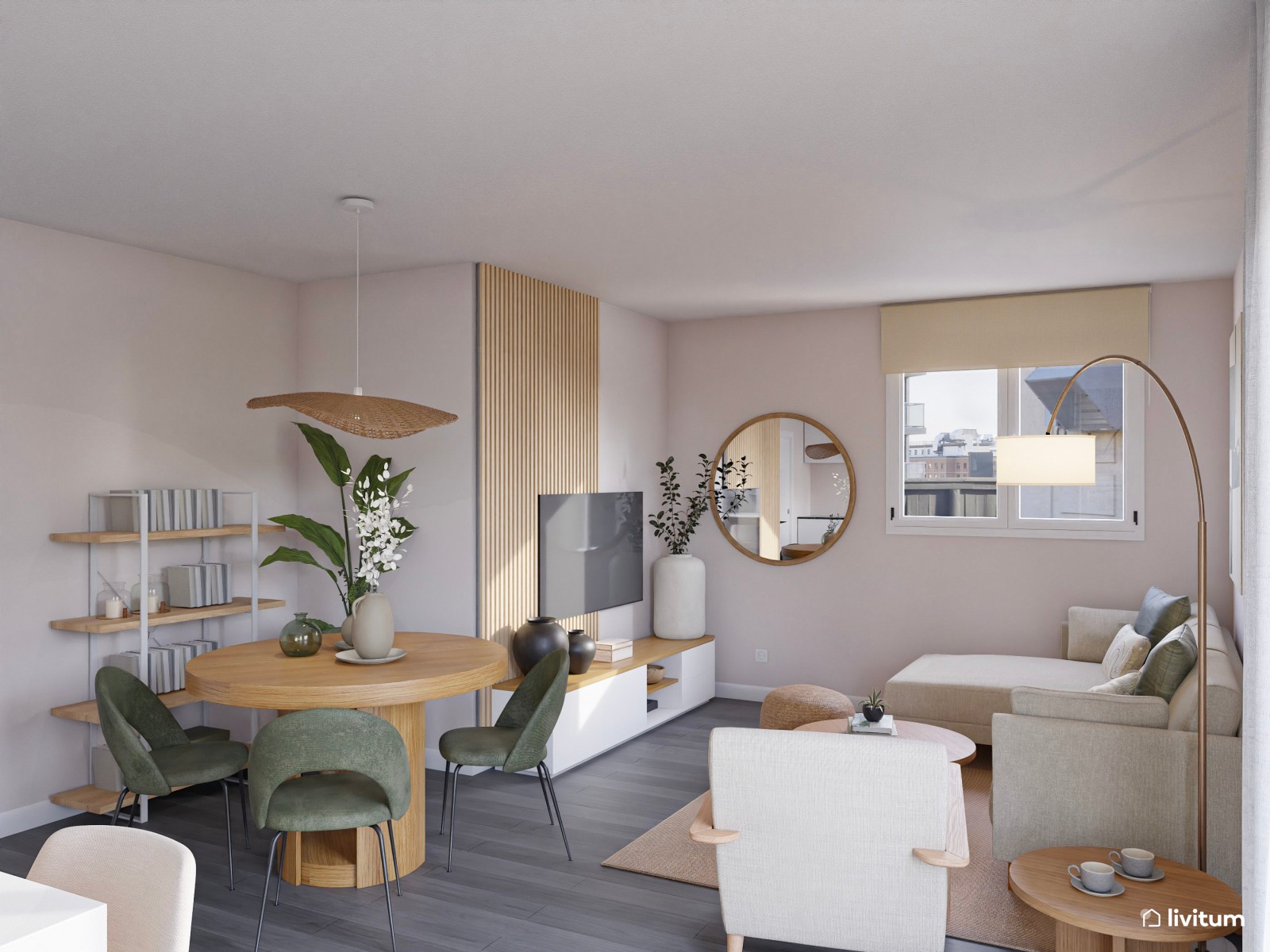 Salón moderno y colorido en tonos verdes con muebles de líneas curvas