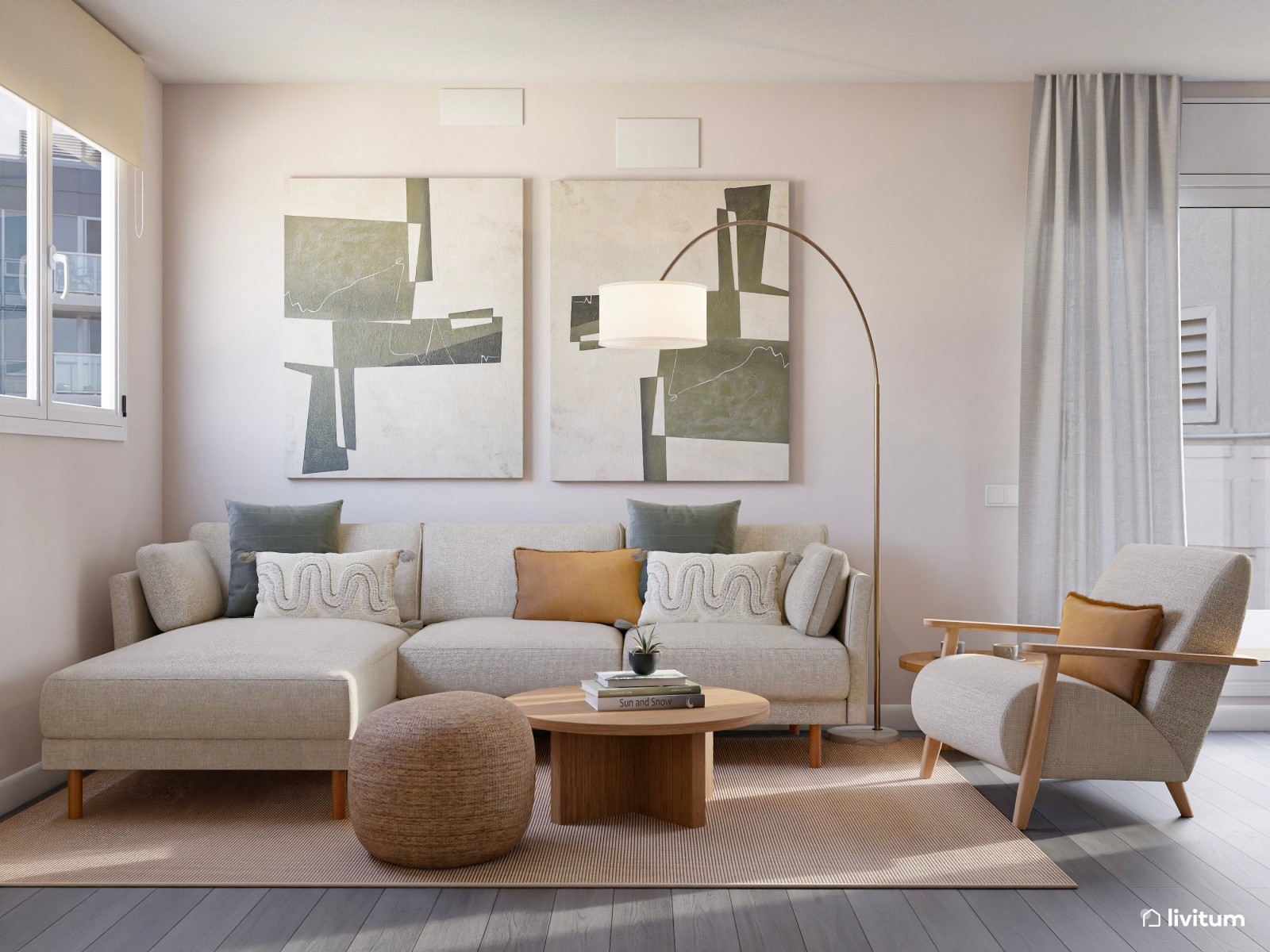 Salón moderno y colorido en tonos verdes con muebles de líneas curvas