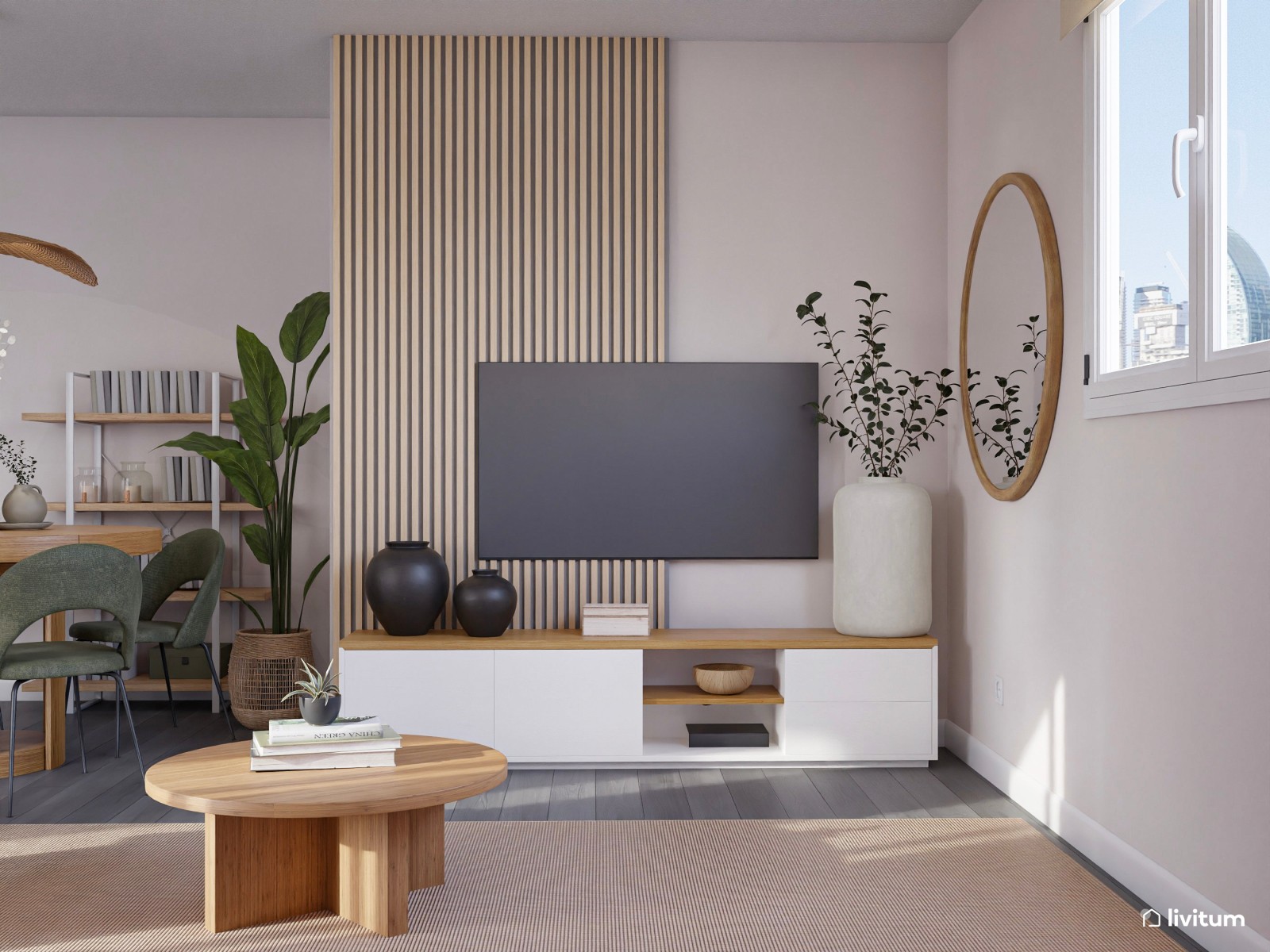 Salón moderno y colorido en tonos verdes con muebles de líneas curvas