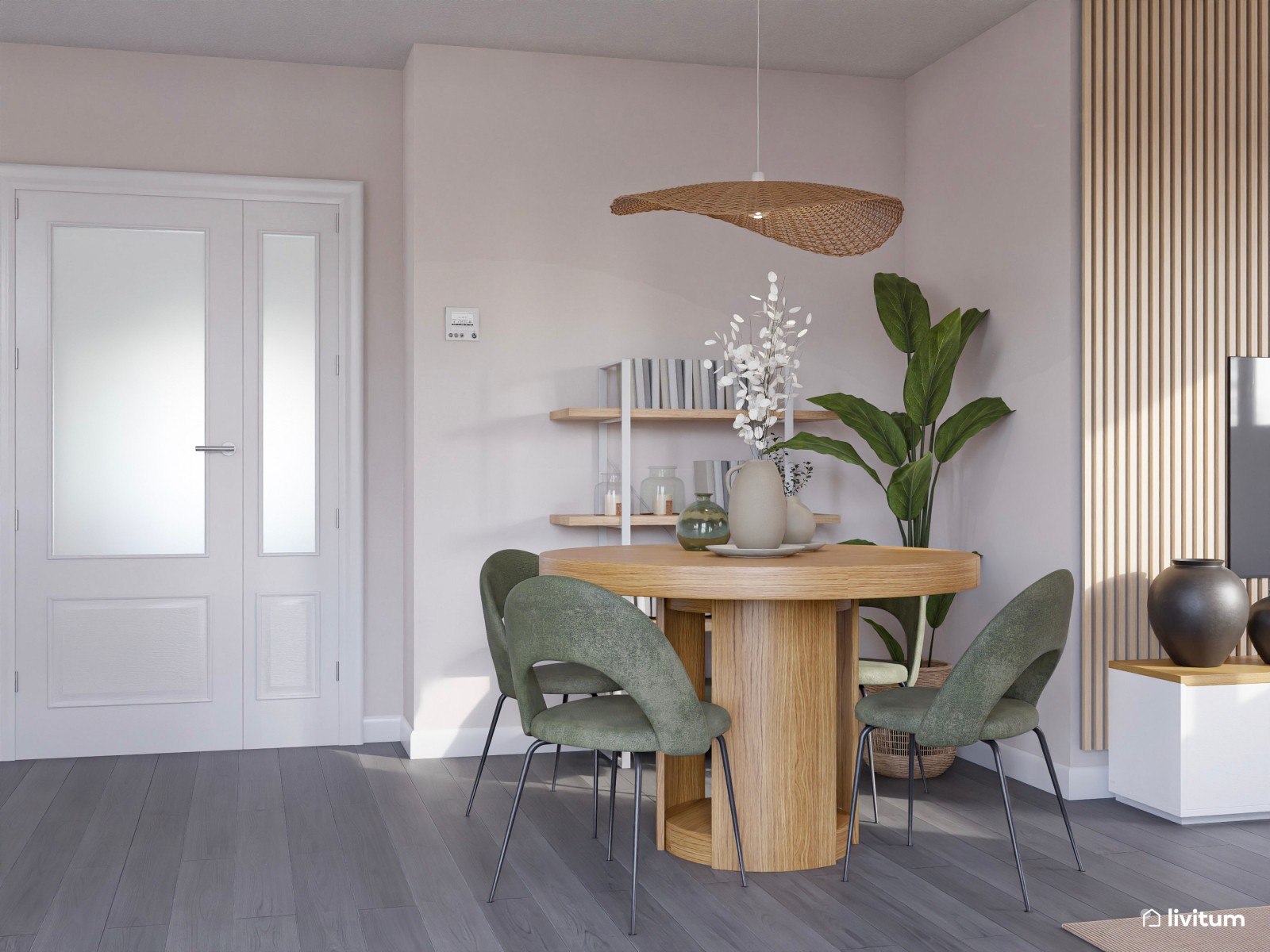 Salón moderno y colorido en tonos verdes con muebles de líneas curvas