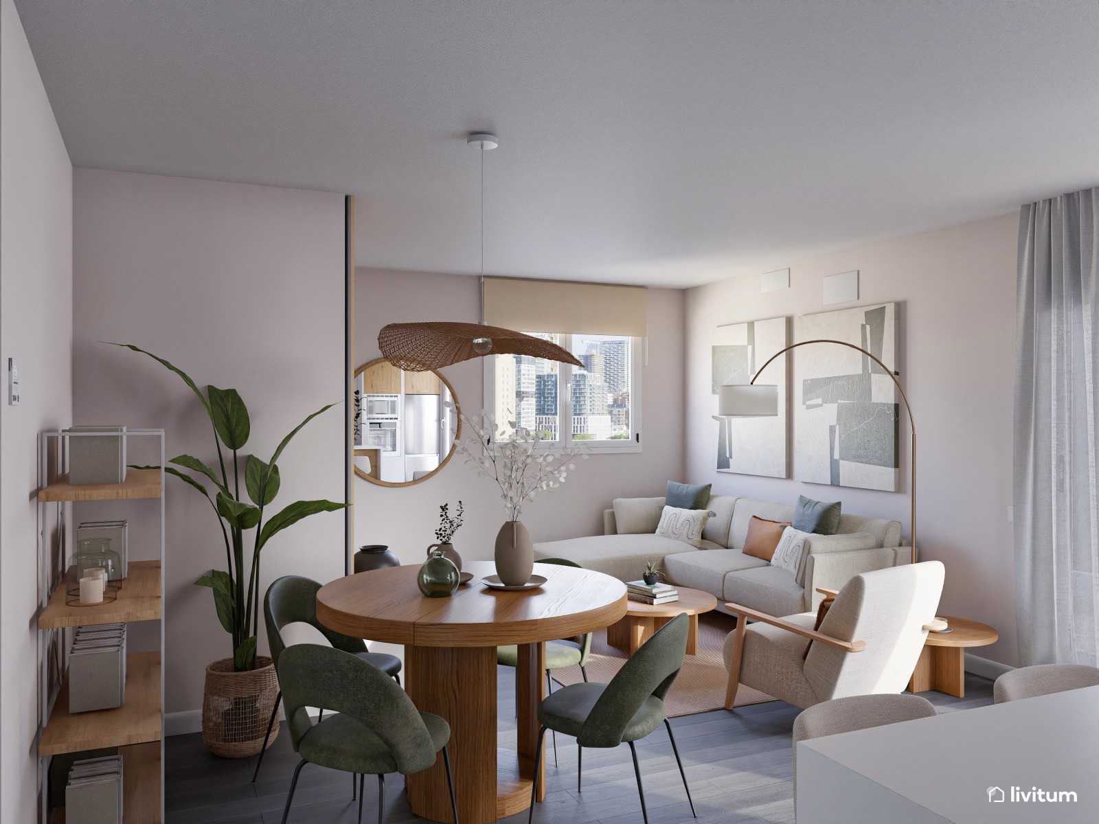 Salón moderno y colorido en tonos verdes con muebles de líneas curvas