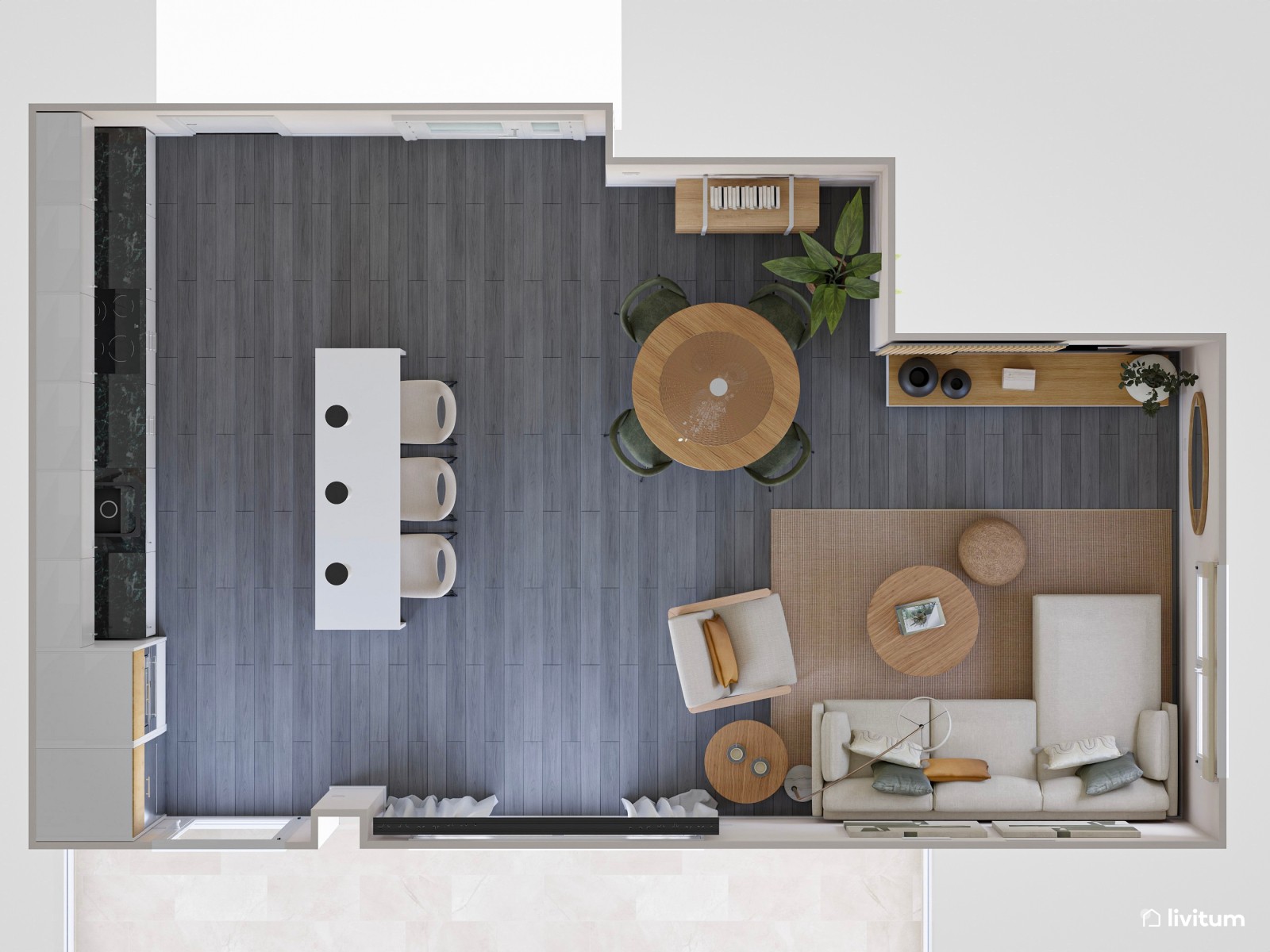 Salón moderno y colorido en tonos verdes con muebles de líneas curvas