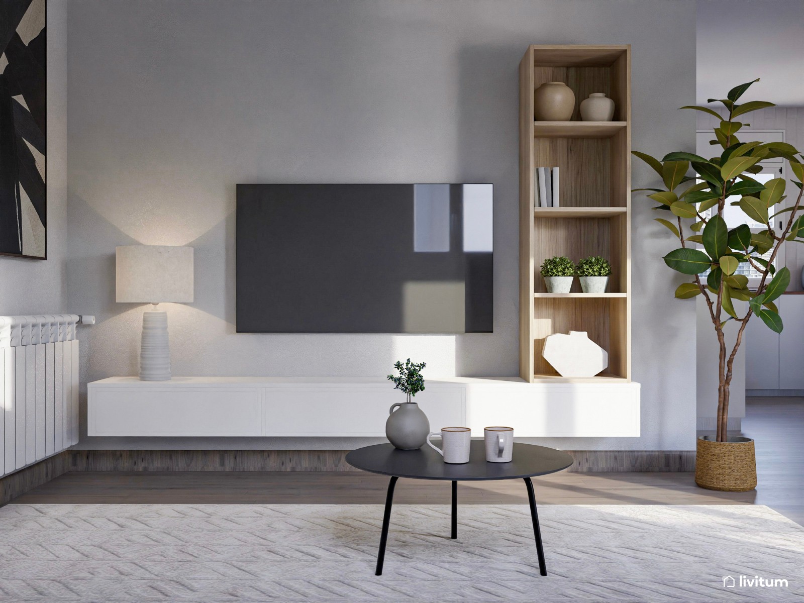 Salón moderno y elegante con decoración en beige, negro y madera natural 