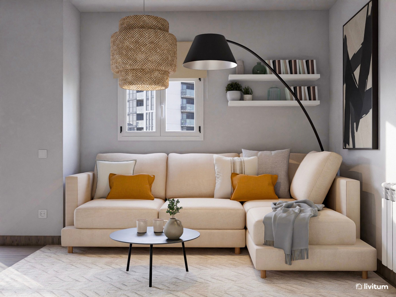 Salón moderno y elegante con decoración en beige, negro y madera natural 