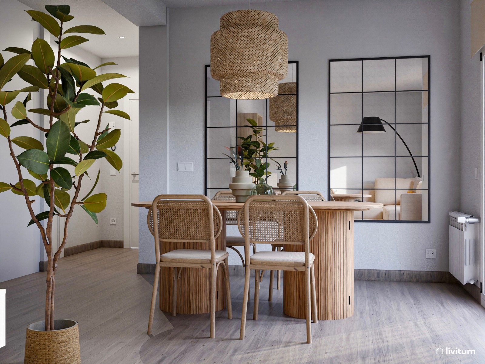 Salón moderno y elegante con decoración en beige, negro y madera natural 
