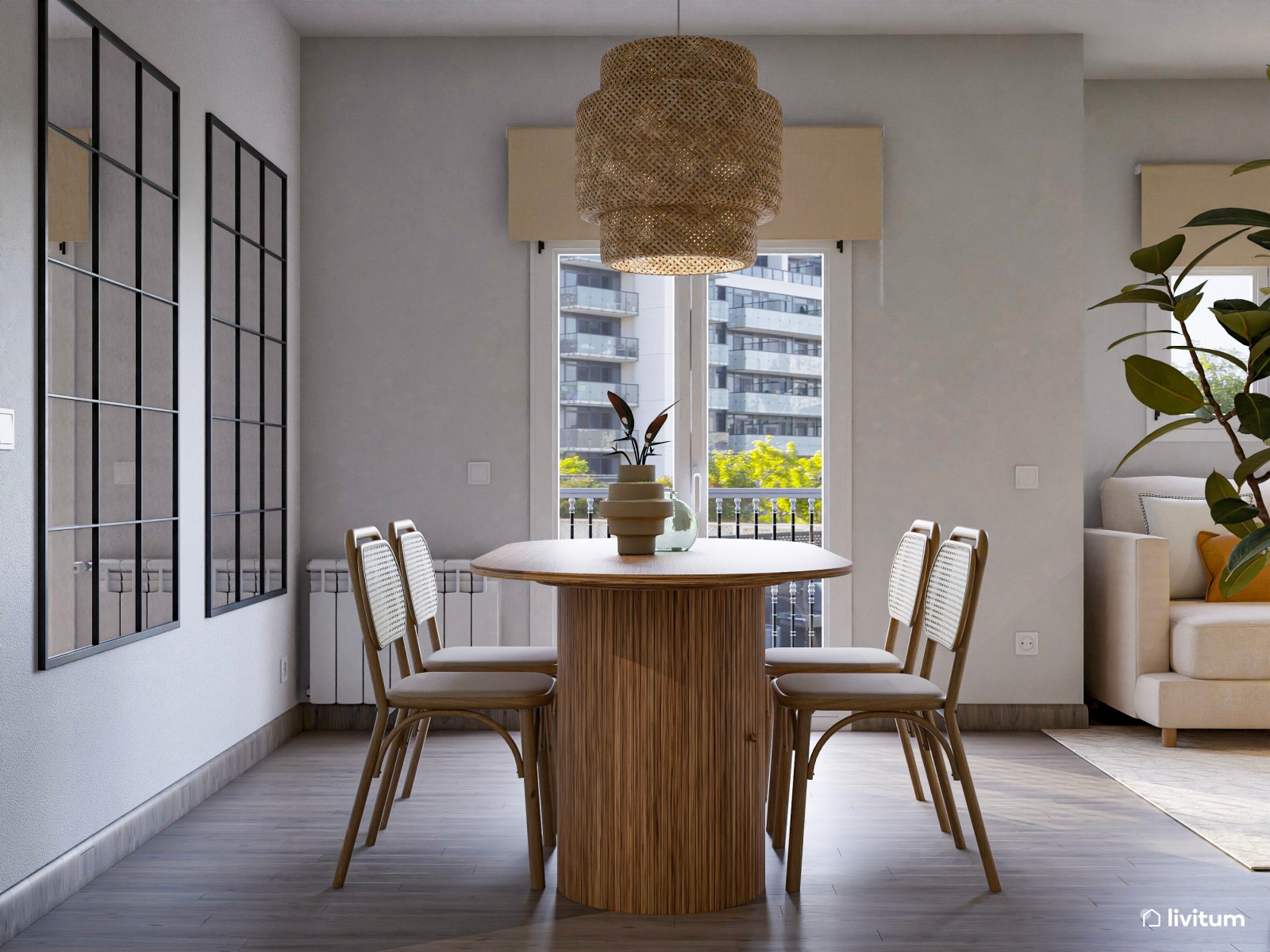Salón moderno y elegante con decoración en beige, negro y madera natural 