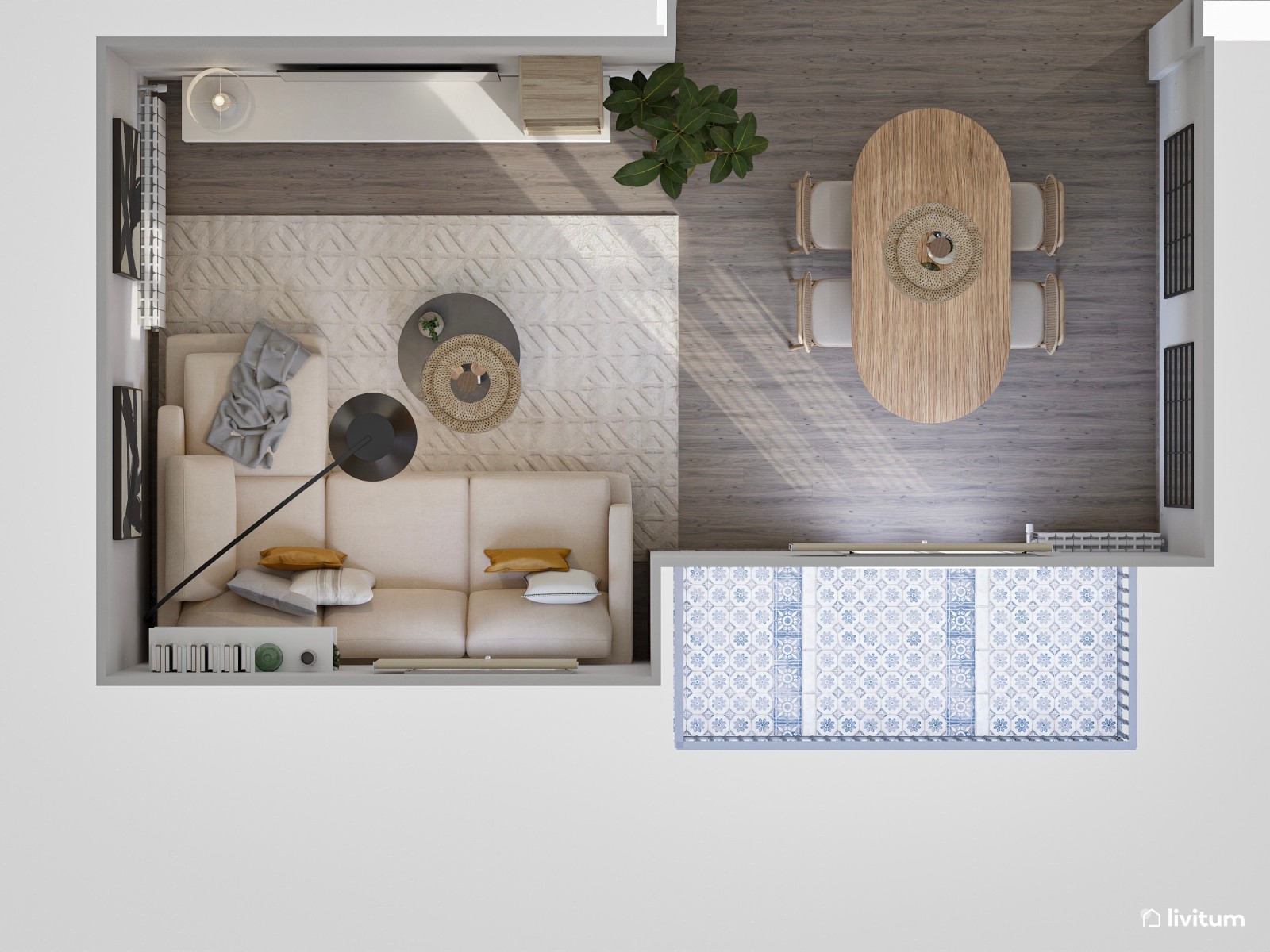 Salón moderno y elegante con decoración en beige, negro y madera natural 