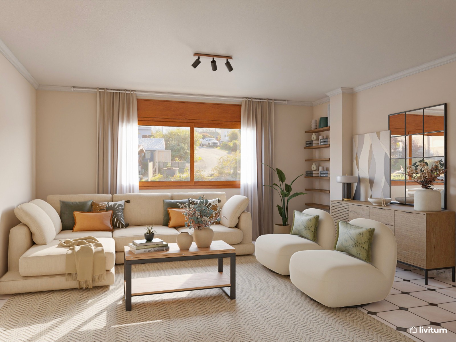 Salón moderno y elegante con gran obra de arte abstracta