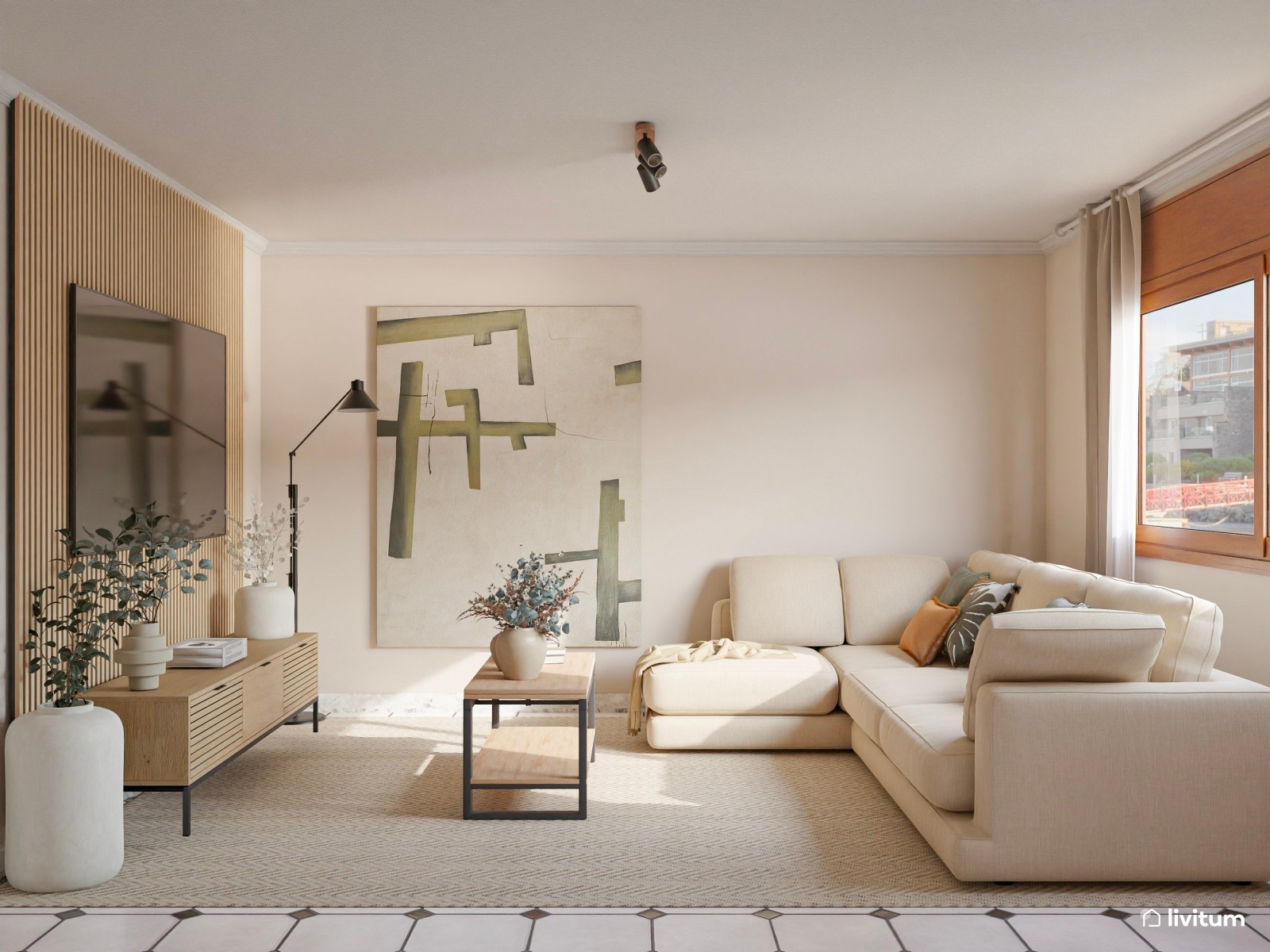 Salón moderno y elegante con gran obra de arte abstracta