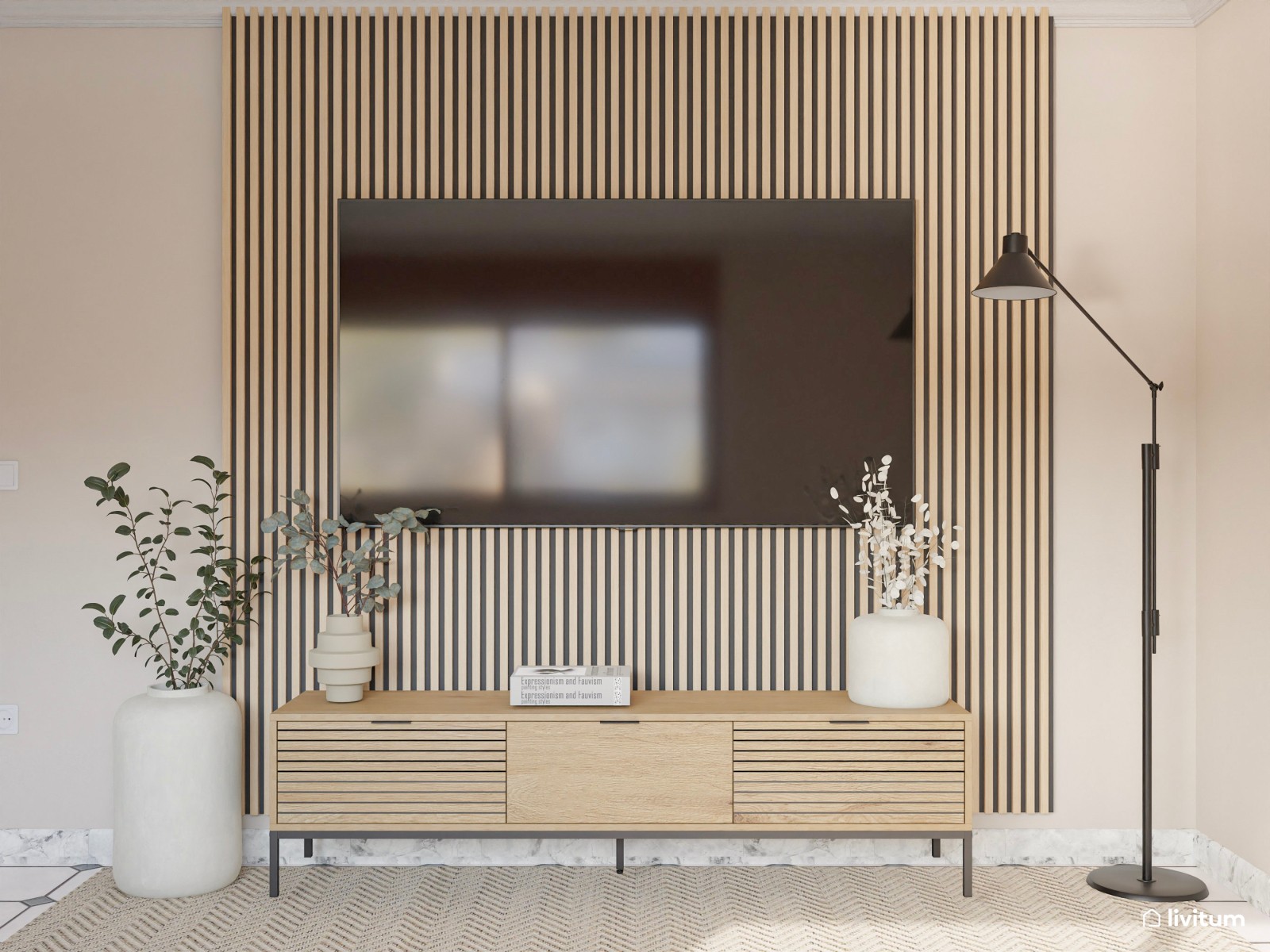 Salón moderno y elegante con gran obra de arte abstracta