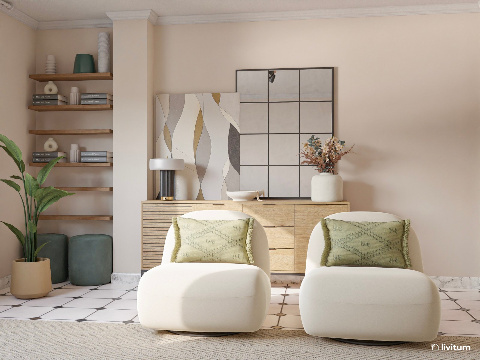 Salón moderno y elegante con gran obra de arte abstracta